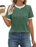Luxuii WShort Sleeve Pleated Shirts Crewneck Color Block Tops