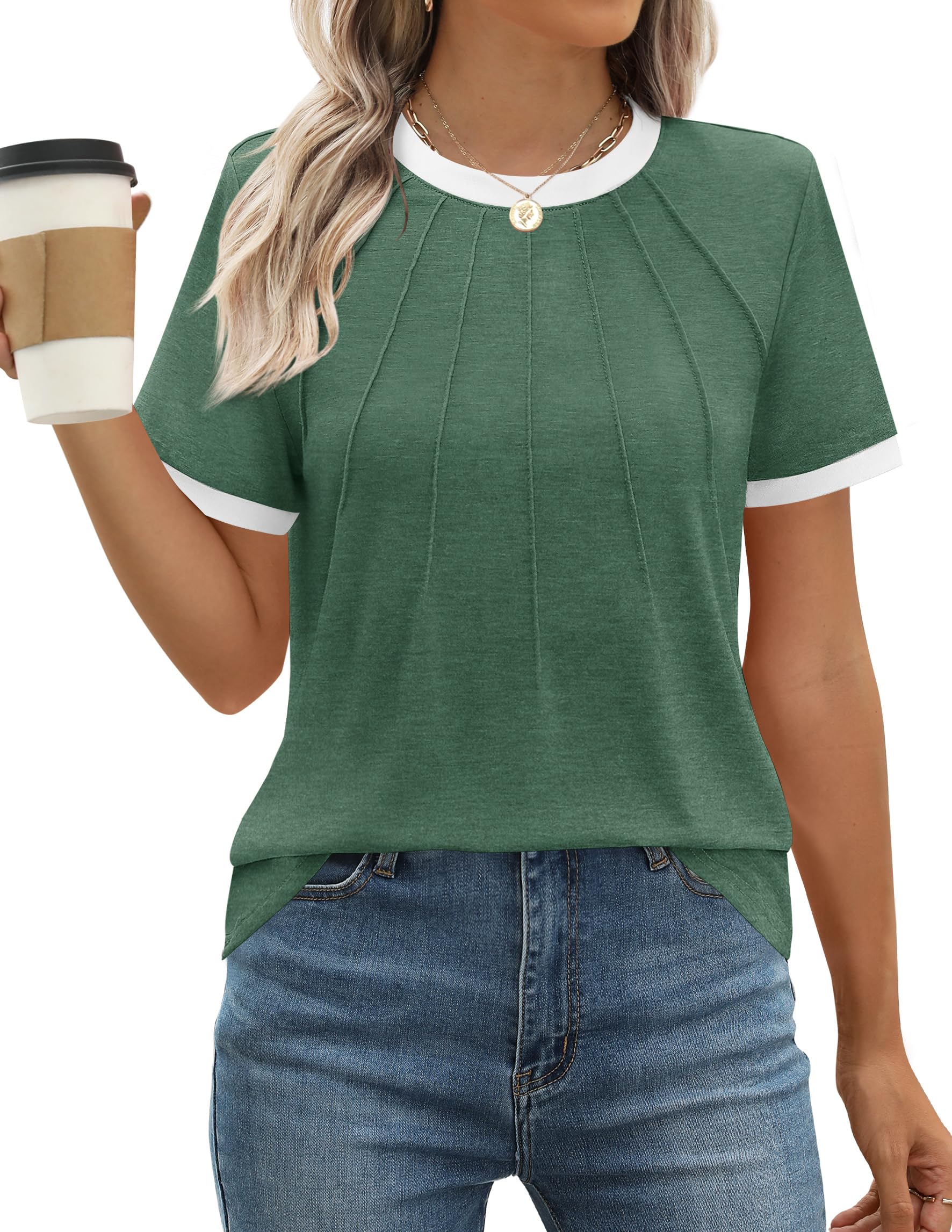 Luxuii WShort Sleeve Pleated Shirts Crewneck Color Block Tops