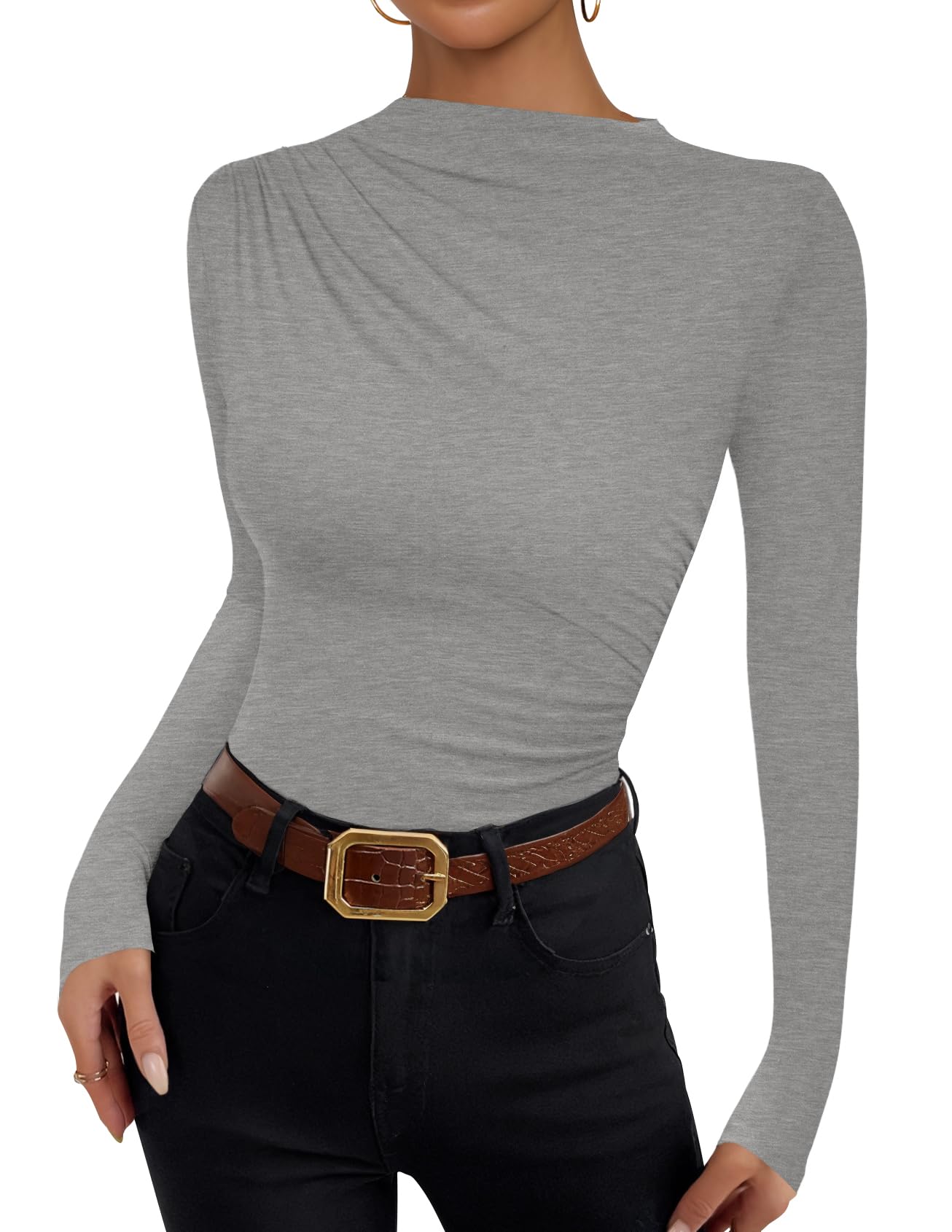Luxuii Women's Long Sleeve Tops Mock Neck Ruched Tight Shirts