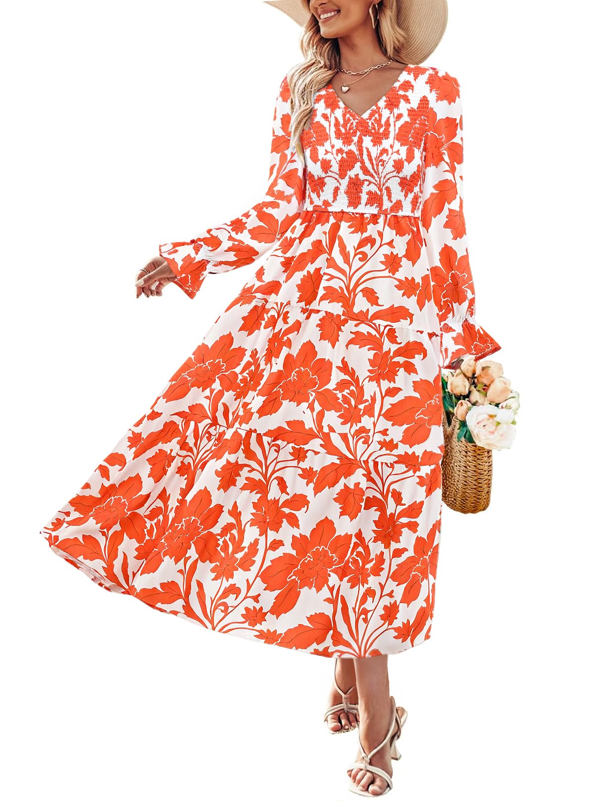 Luxuii Floral Boho V Neck A-Line Flowy Wedding Guest Dresses