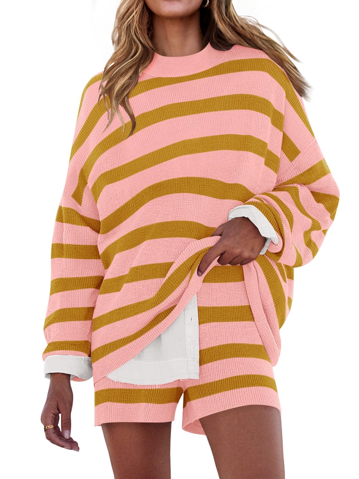 Luxuii Striped Lounge for Women 2 Piece and Shorts Sweater Pajama Set