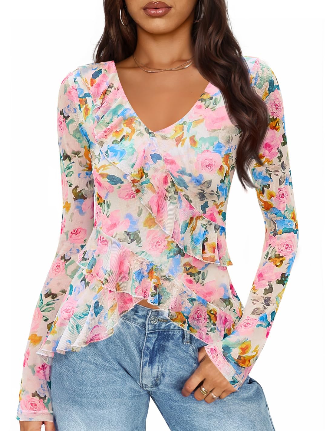 Luxuii Floral Shirts V Neck Going Out Ruffle Tops Blouses