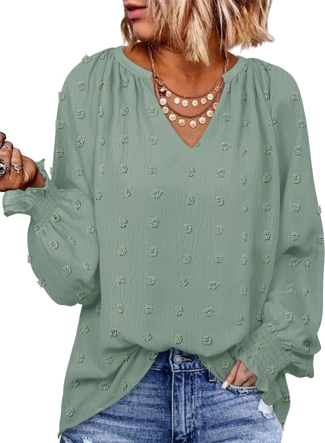 Luxuii Blouses Loose Long Sleeve Business V Neck Trendy Top