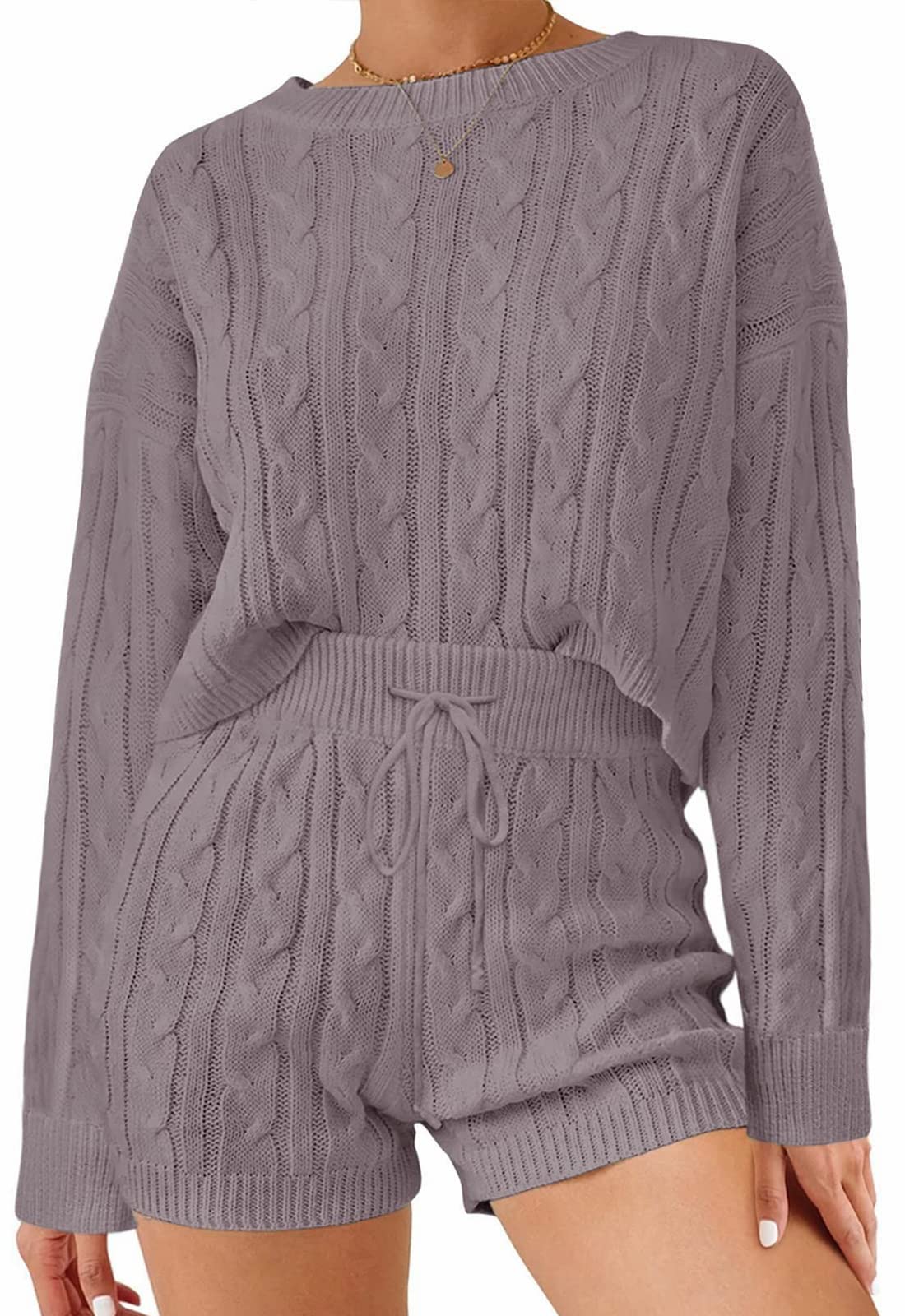 Luxuii Cable Knit Pullover Tops and Drawstring Shorts Lounge Set