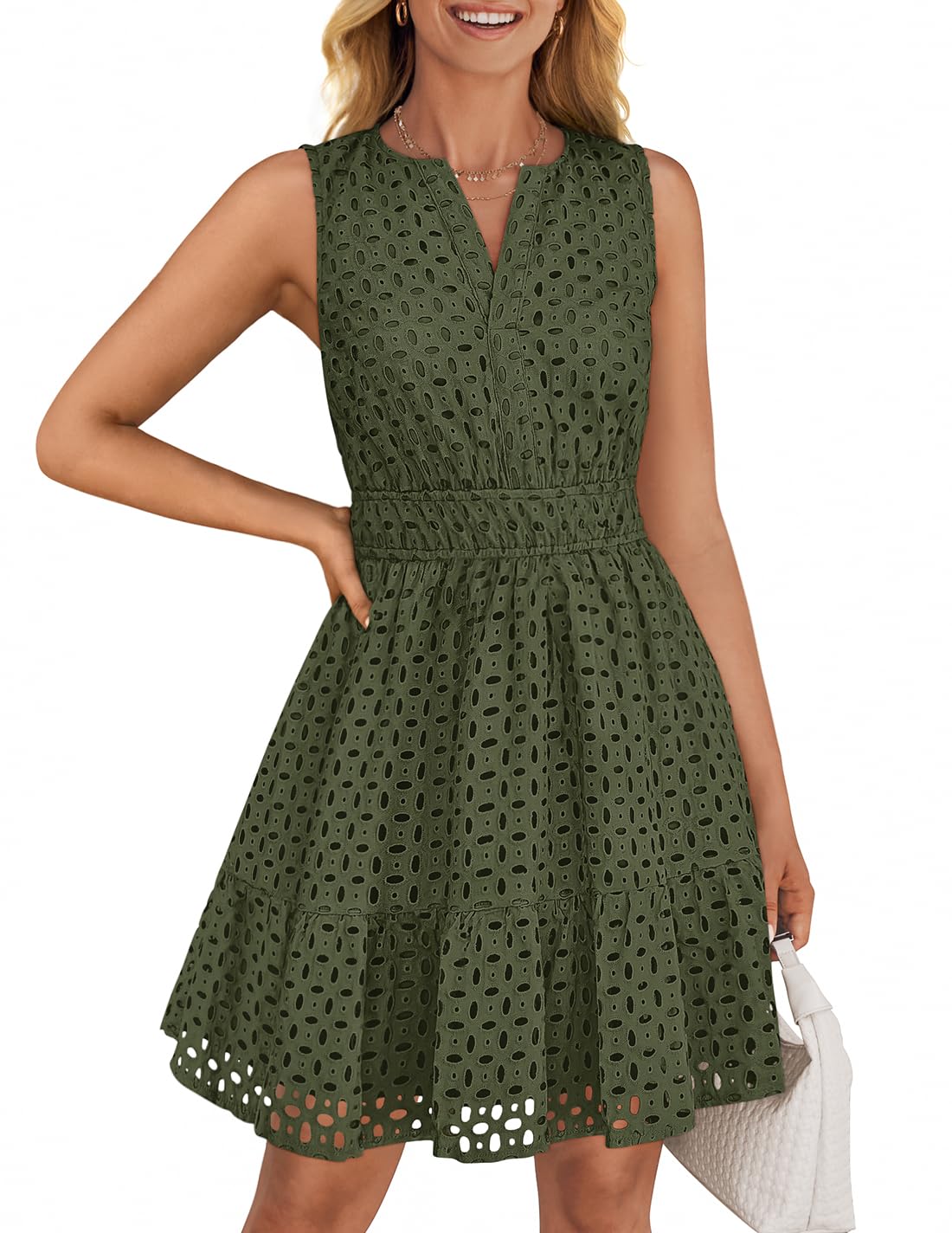Luxuii Sleeveless V Neck Hollow Out Eyelet High Waist Dresses