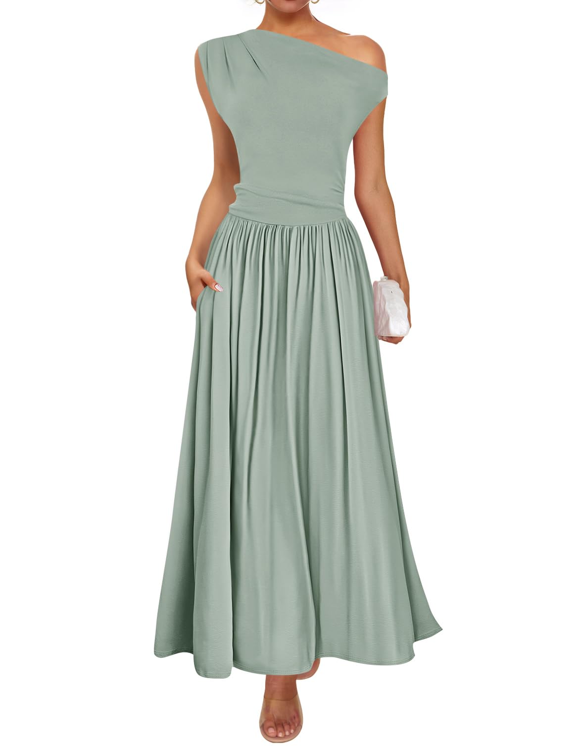 Luxuii Sleeveless One Shoulder Casual Slim Swing Pleated Dresses