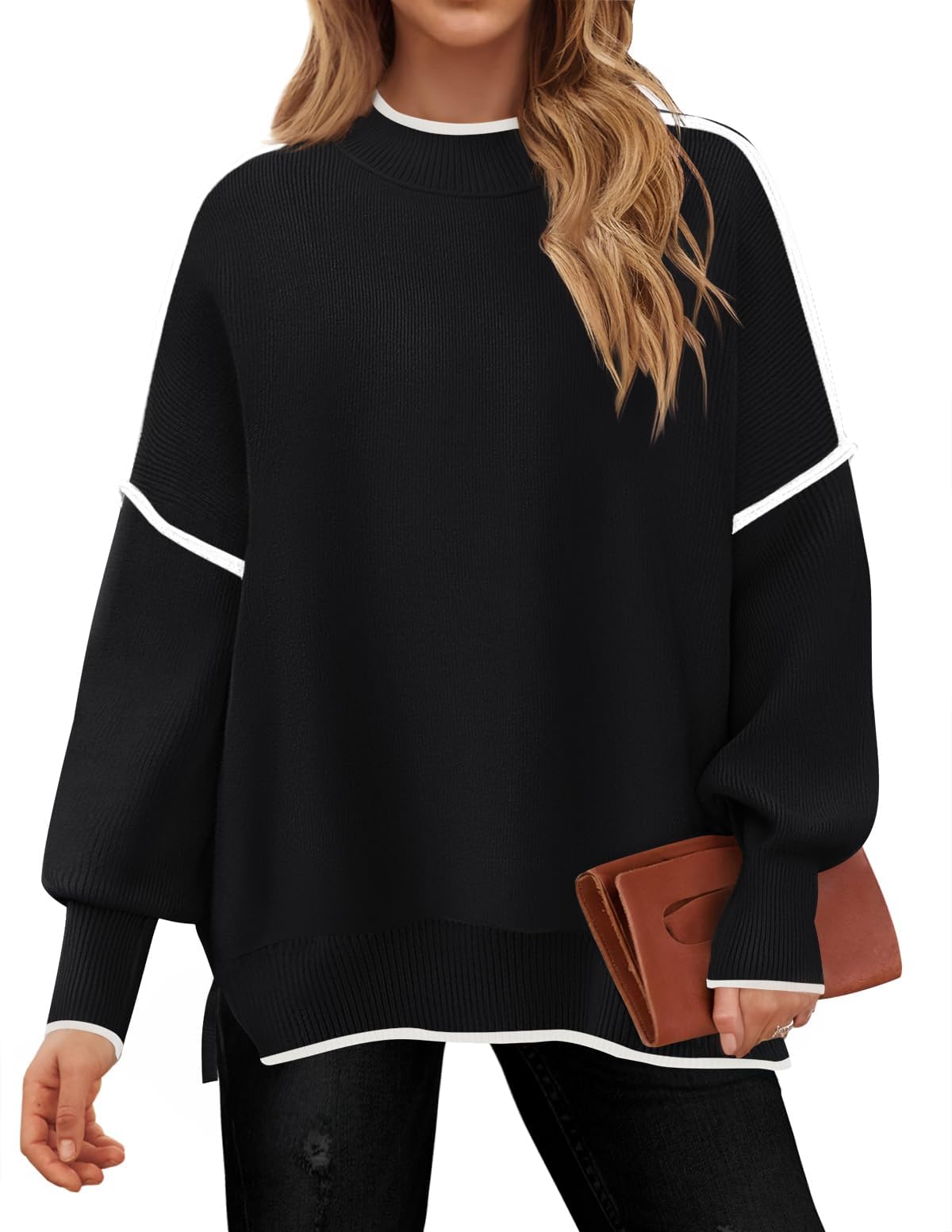 Luxuii  Striped Sweaters Mock Neck Comfy Knit Pullover Tops