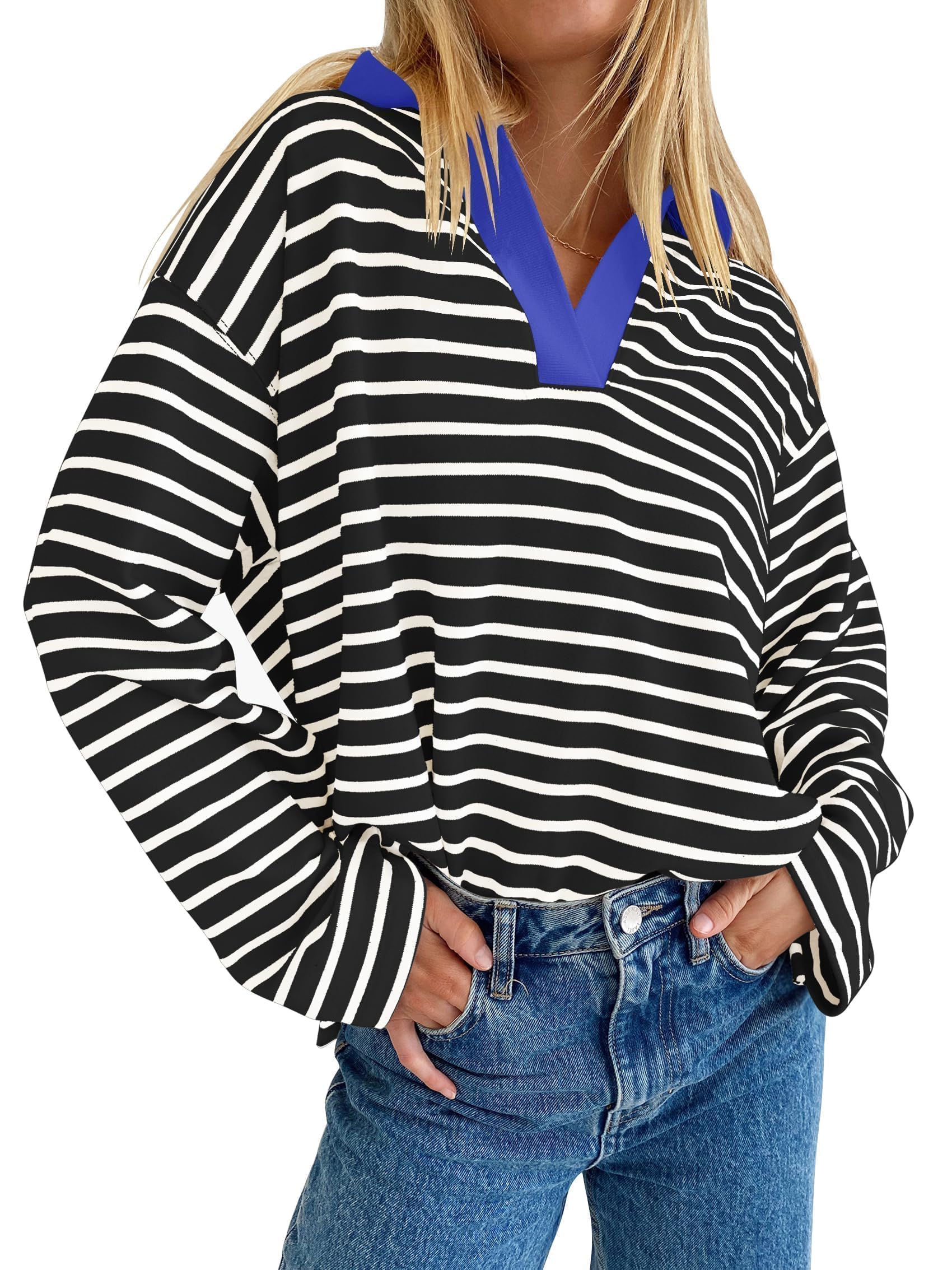Luxuii Striped V Neck Oversized Sweatshirt Loose Fit Tunic Tops
