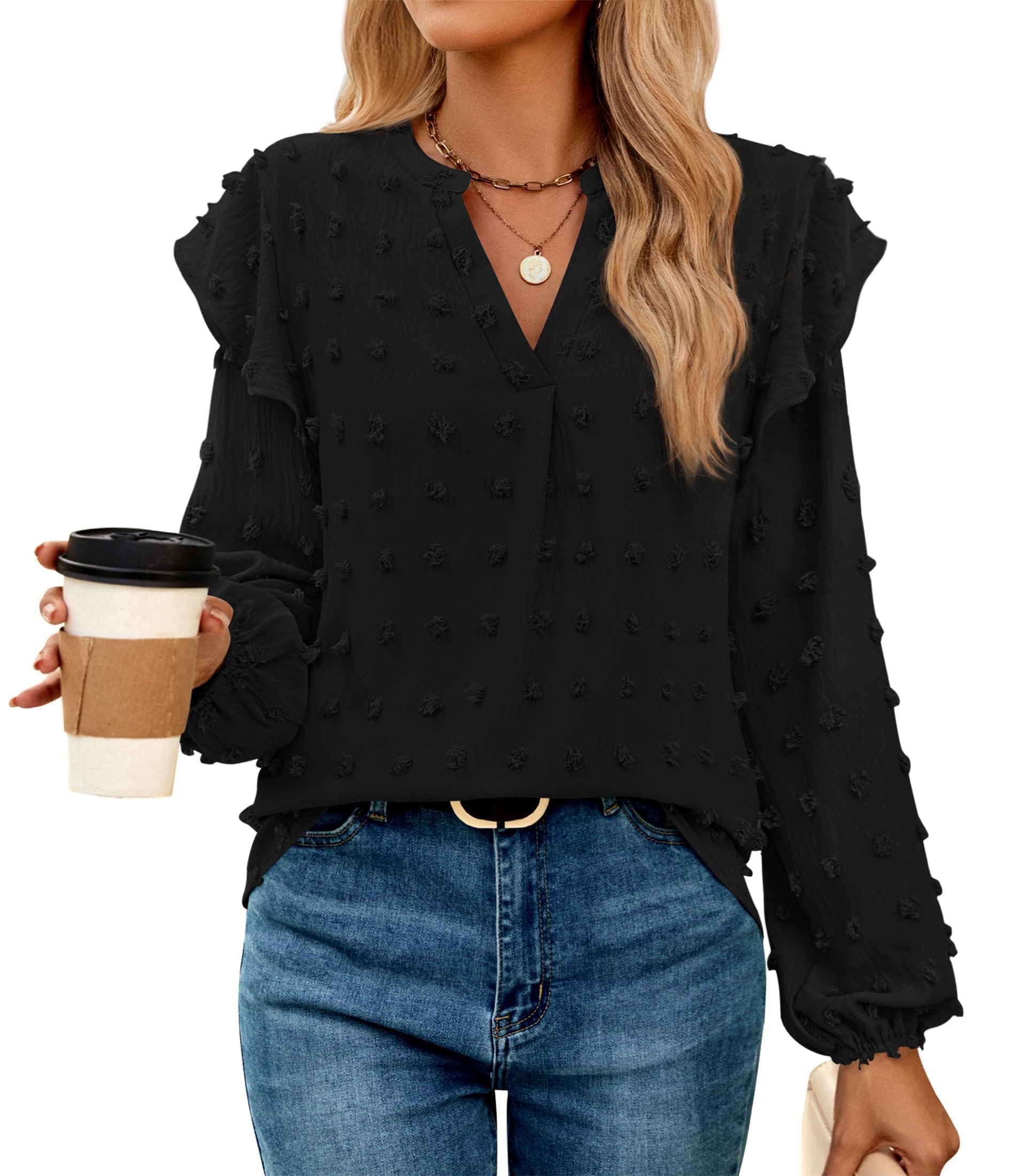 Luxuii  Chiffon Blouses V Neck Swiss Dot Casual Tunic Tops