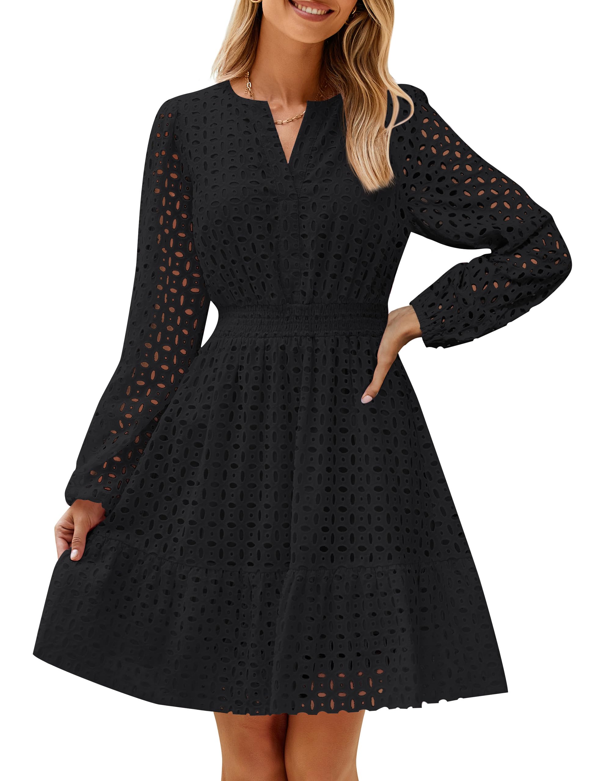 Luxuii V Neck Hollow Out Eyelet Embroidery Ruffle Short Dresses