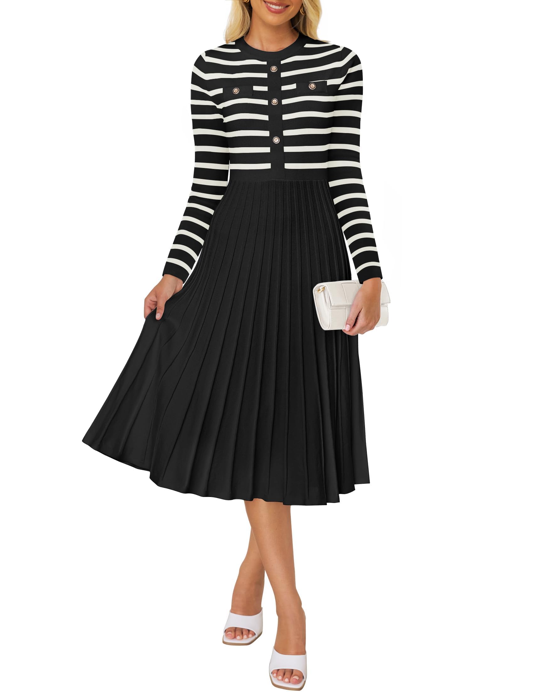 Luxuii Striped Crewneck Button Ribbed Knit Sweater Dress