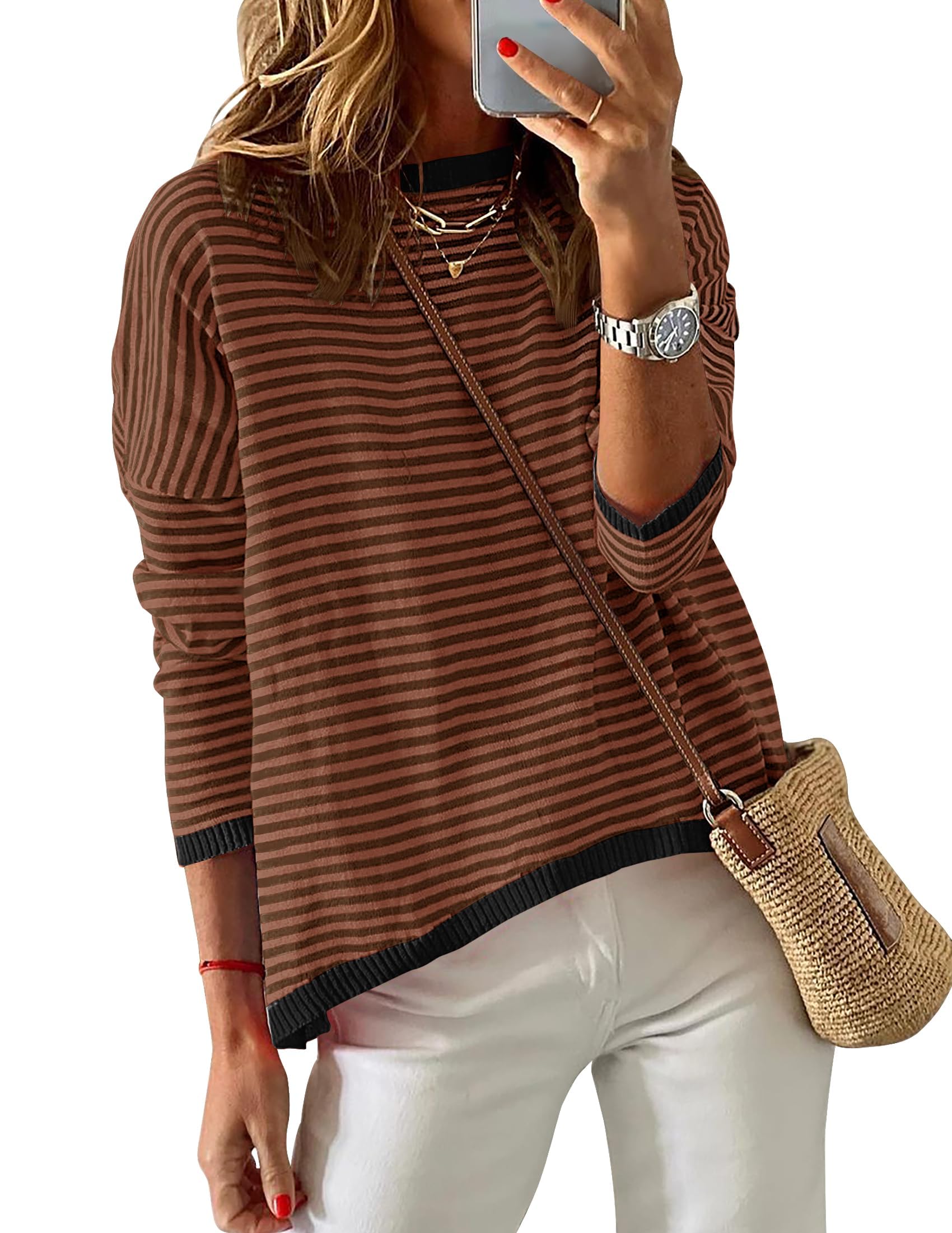 Luxuii Striped Crew Neck Color Block Pullover Tops