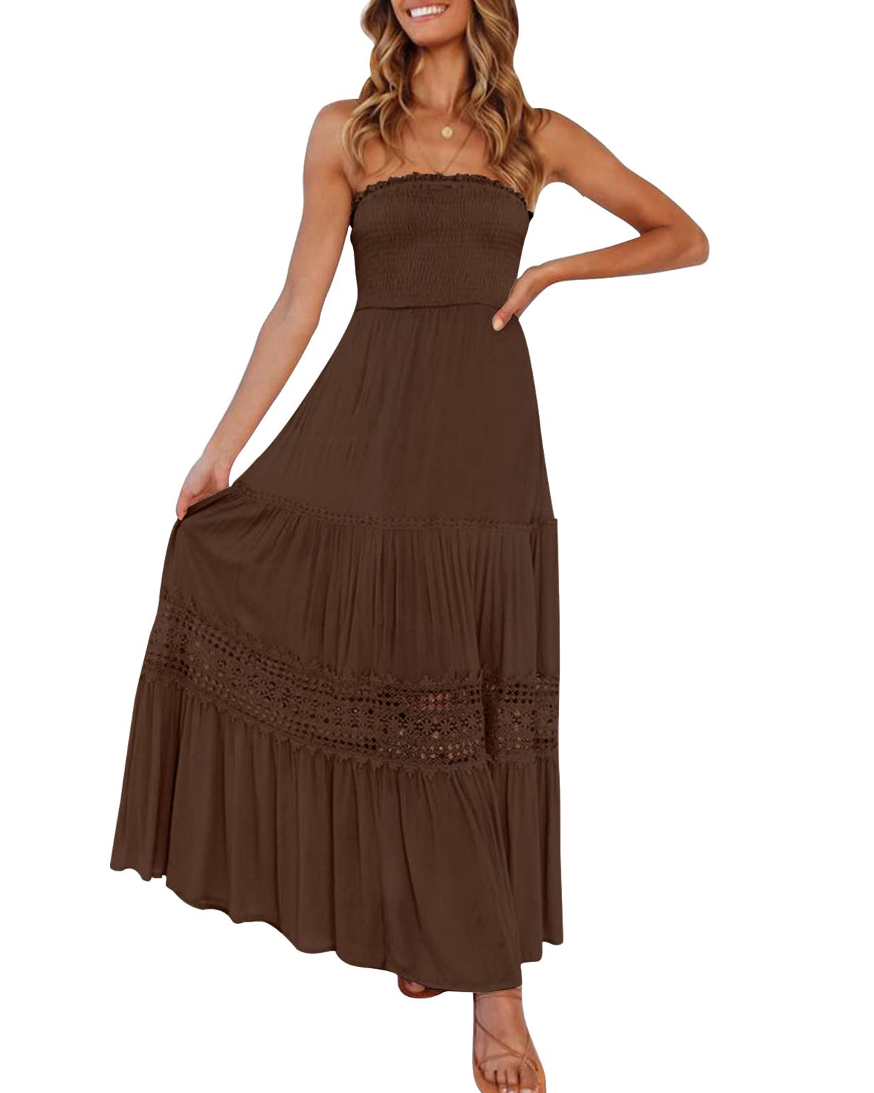 Luxuii Bohemian Strapless Lace Trim Backless Maxi Dress