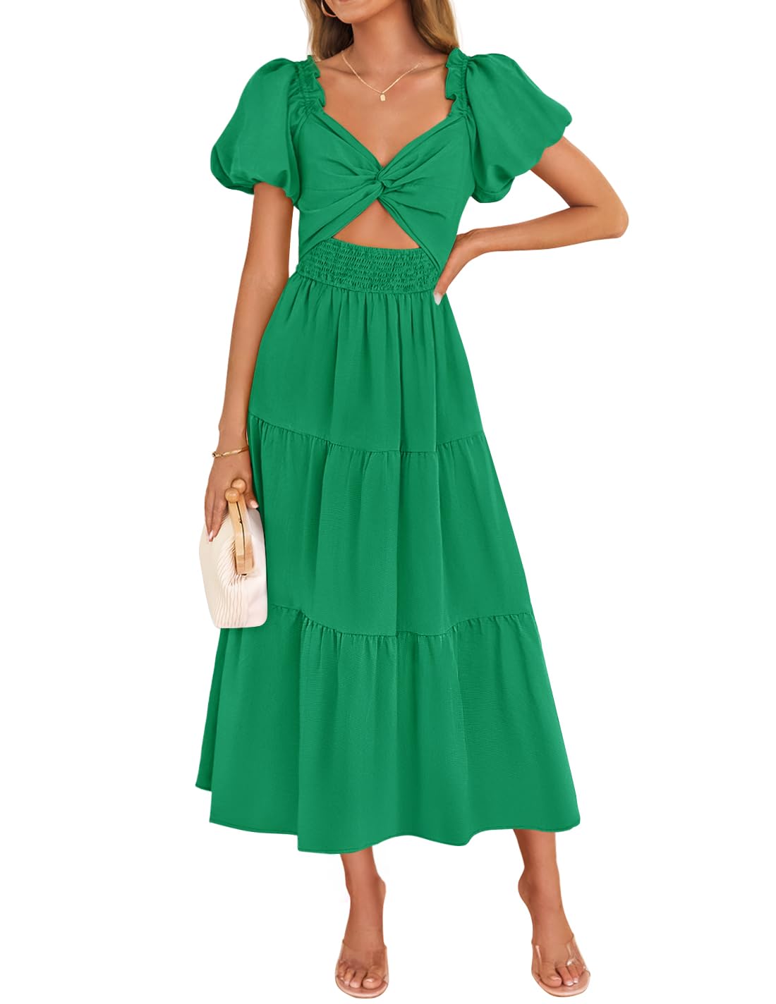 Luxuii Smocked Short Puff Sleeve Twist Knot Cutout Flowy Dresses