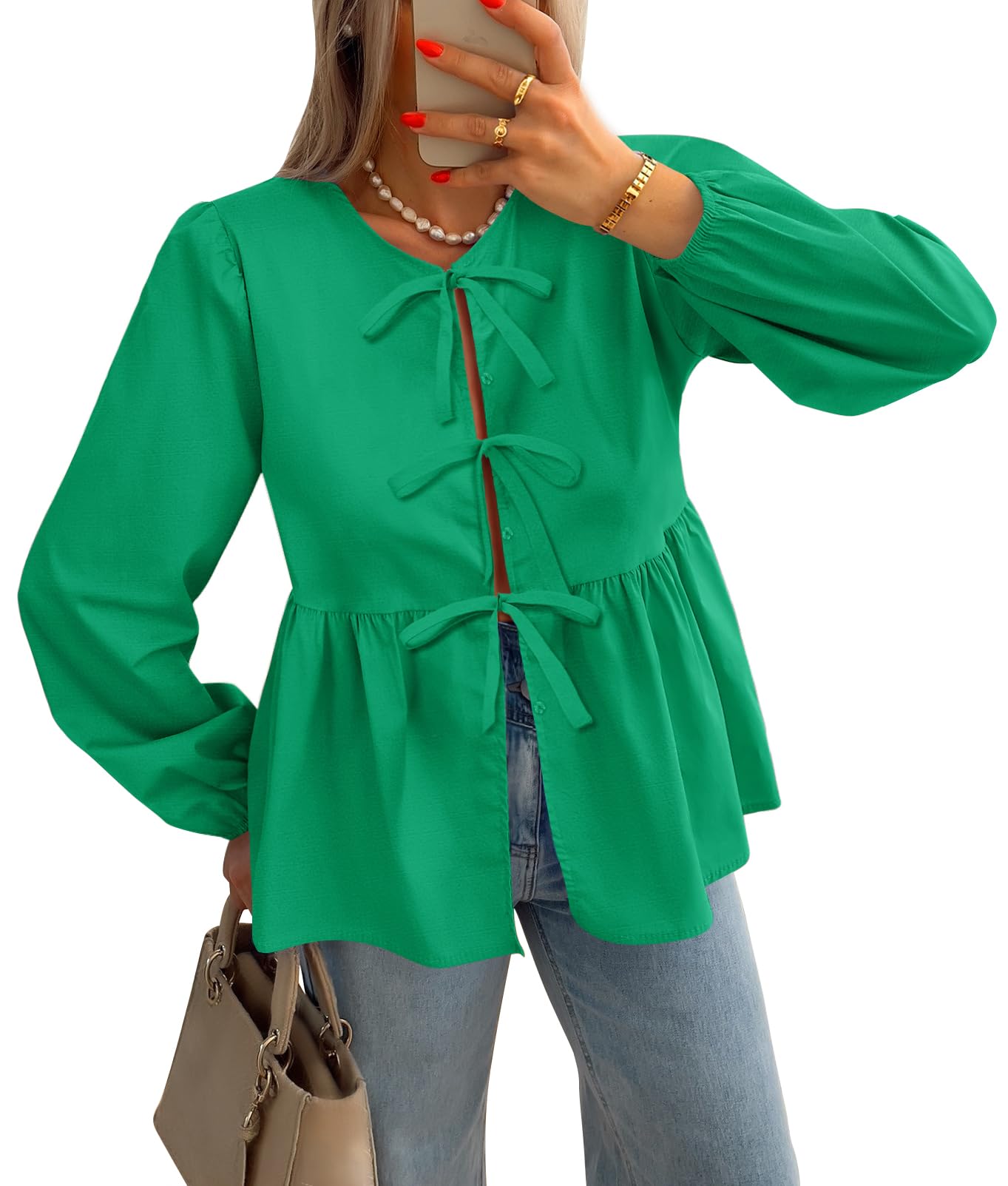 Luxuii Womens Tops Tie Front Long Puff Sleeve Button Peplum Babydoll Cute Shirts
