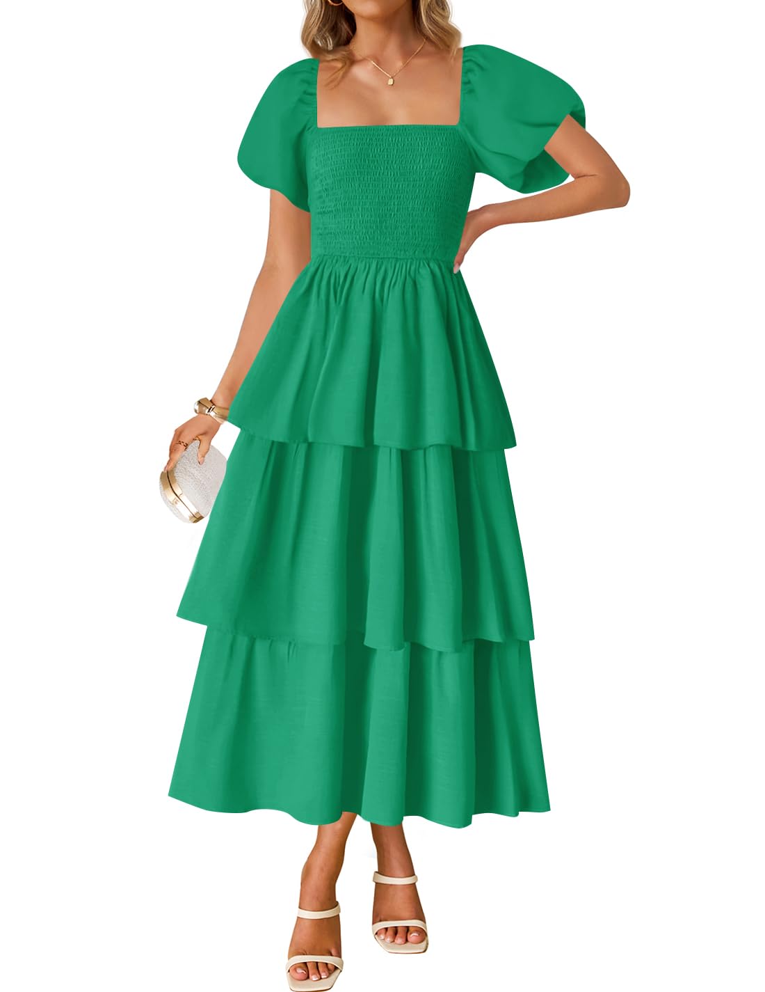 Luxuii Boho Short Puff Sleeve Flowy A Line Tiered Dresses