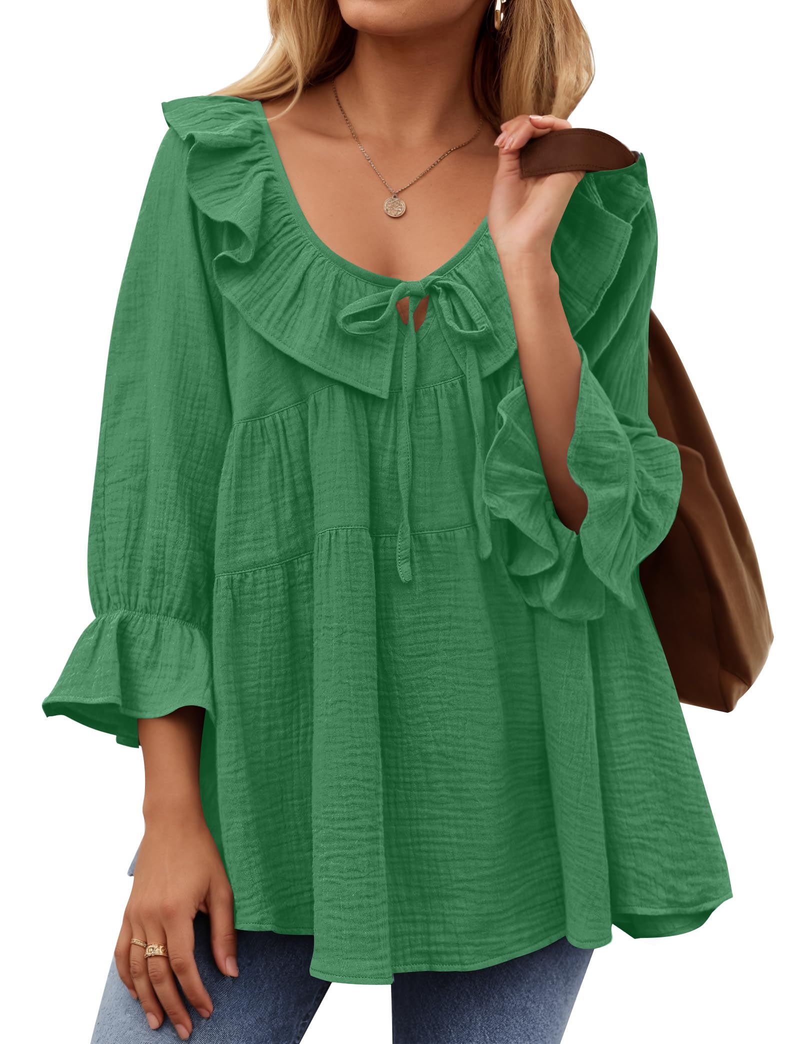 Luxuii Casual Tie Front Ruffle Tiered Loose Tunic Shirts