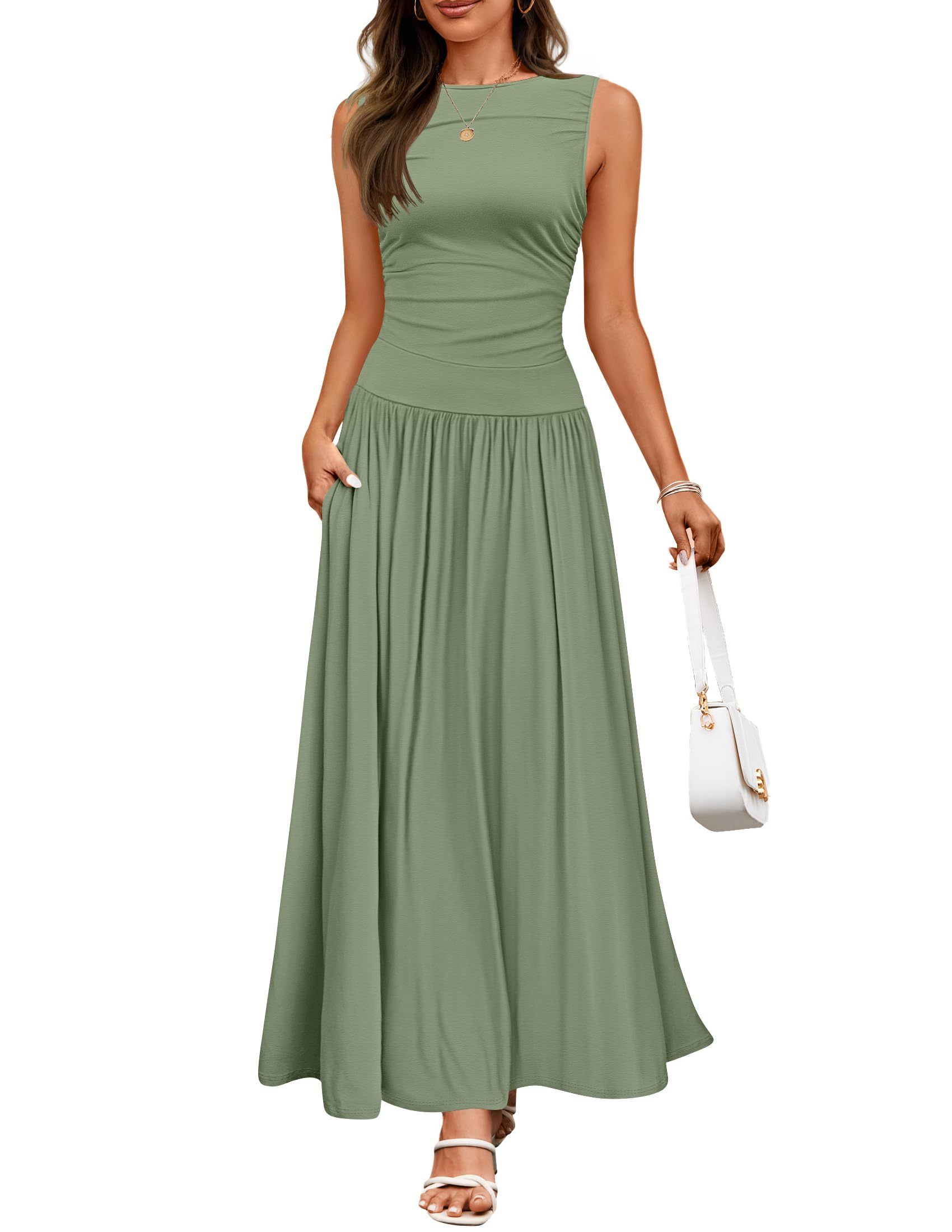 Luxuii Casual Crewneck Pleated Flowy Long Dress with Pockets