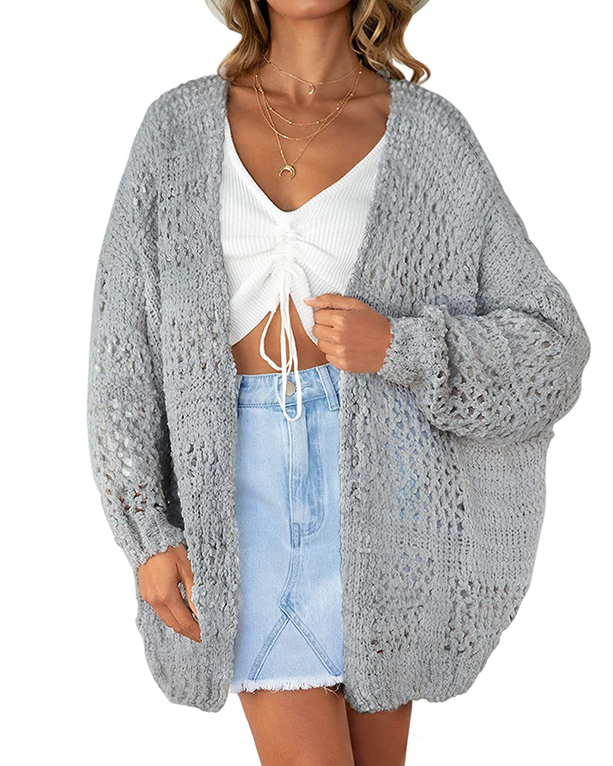 Luxuii Batwing Sleeve Crochet Hollow Cardigan
