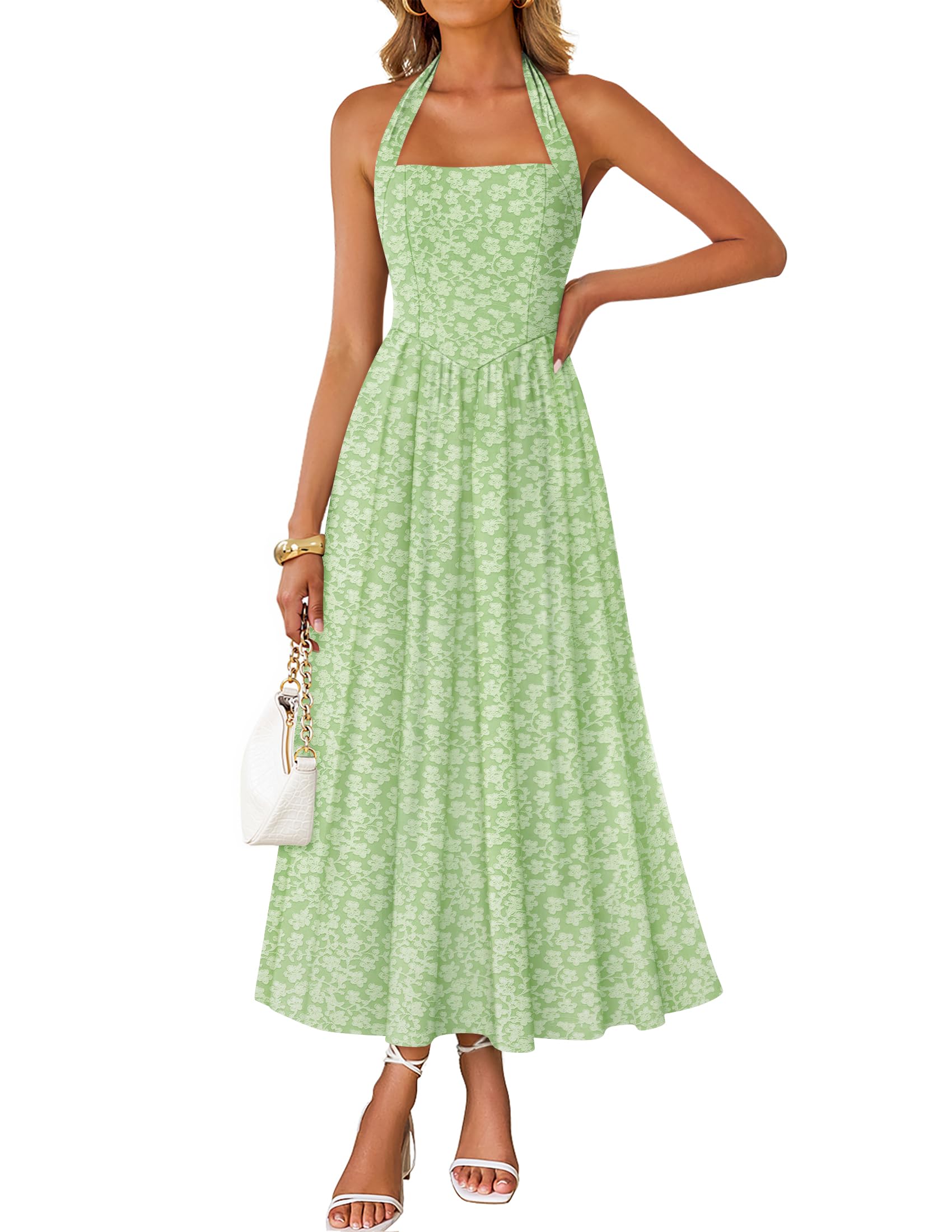 Luxuii Sleeveless Floral Halter Neck Wedding Flowy A Line Long Dress
