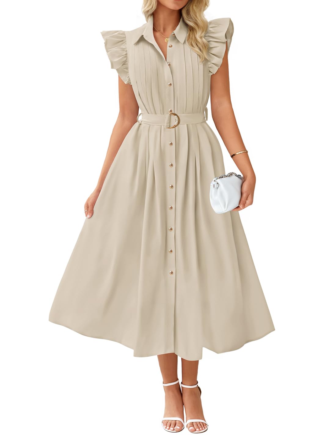 Luxuii Boho Button Casual V Neck Flutter Sleeve Belted Long Dresses