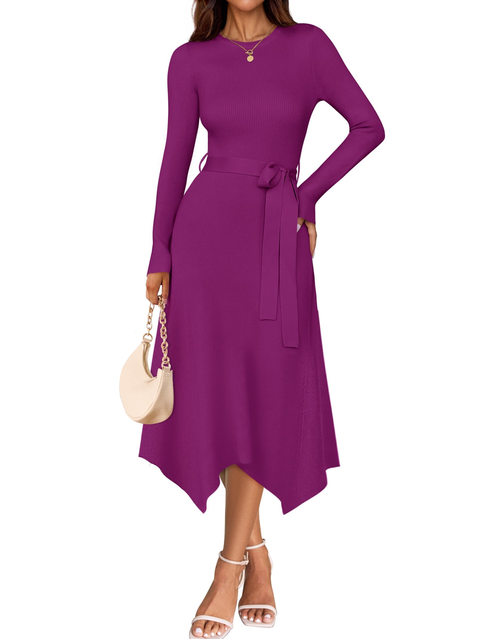Luxuii Crewneck Ribbed Knit High Waist Midi Sweater Dresses