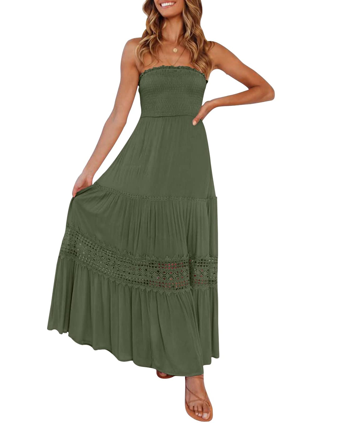 Luxuii Bohemian Strapless Lace Trim Backless Maxi Dress