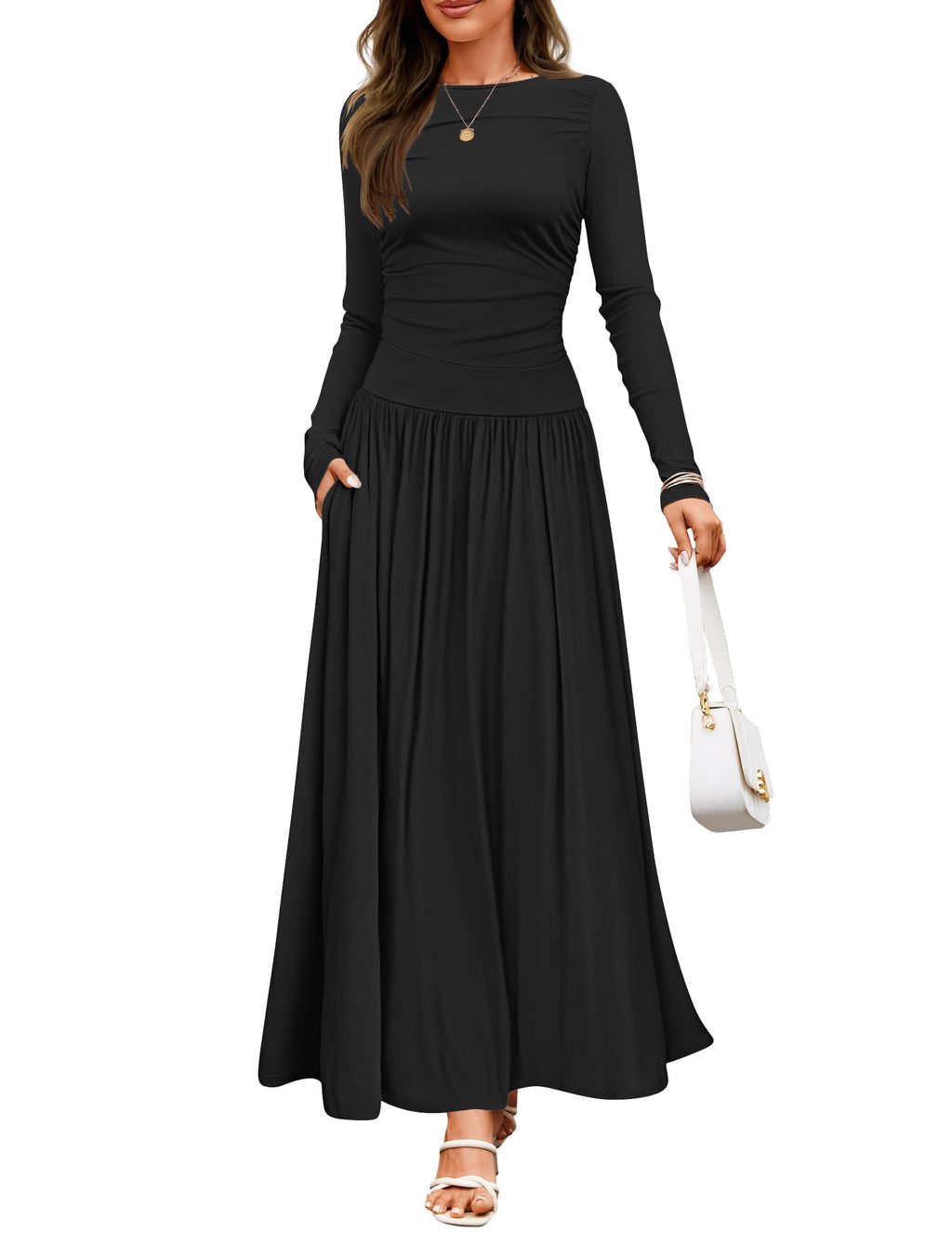 Luxuii Fall Crewneck Knit Slim Swing Pleated Dresses