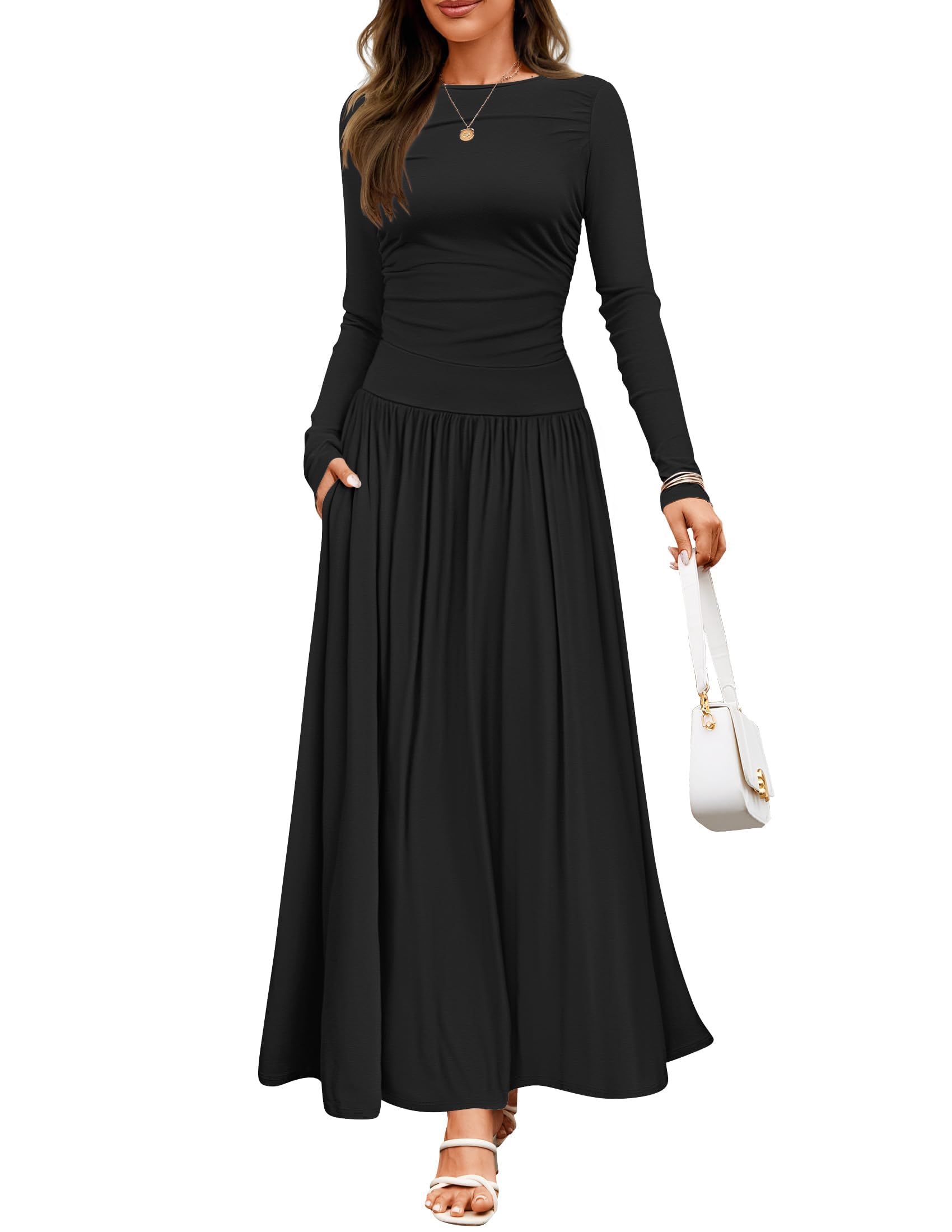 Luxuii Fall Crewneck Knit Slim Swing Pleated Dresses