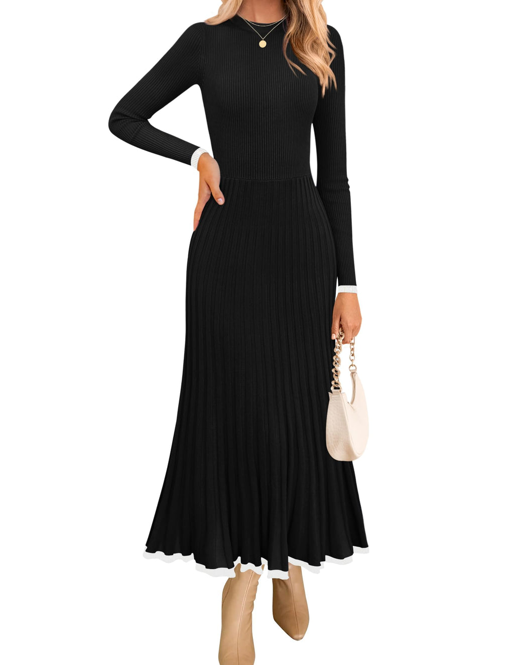 Luxuii Crewneck Ribbed Knit Pleated A-Line Wedding Dresses
