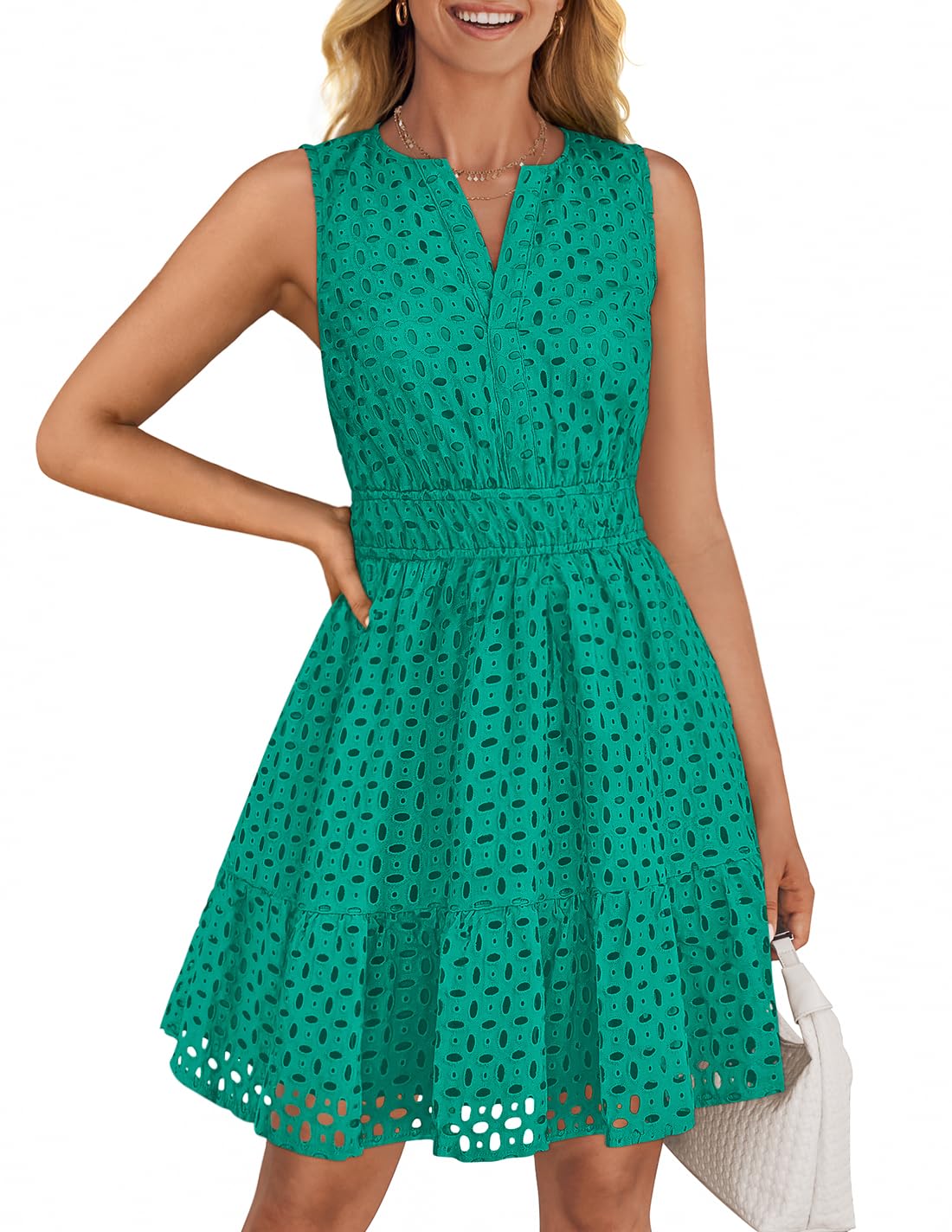 Luxuii Sleeveless V Neck Hollow Out Eyelet High Waist Dresses