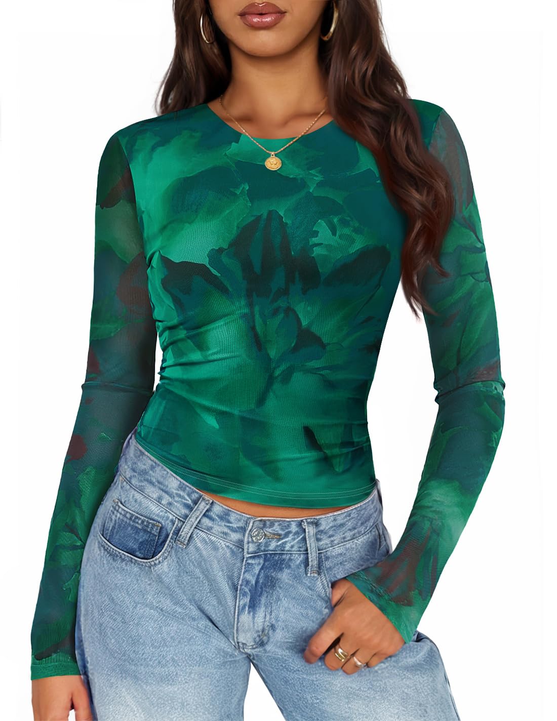 Luxuii Floral Mesh Fall Long Sleeve Crewneck Slim Fit Ruched Y2k Shirts