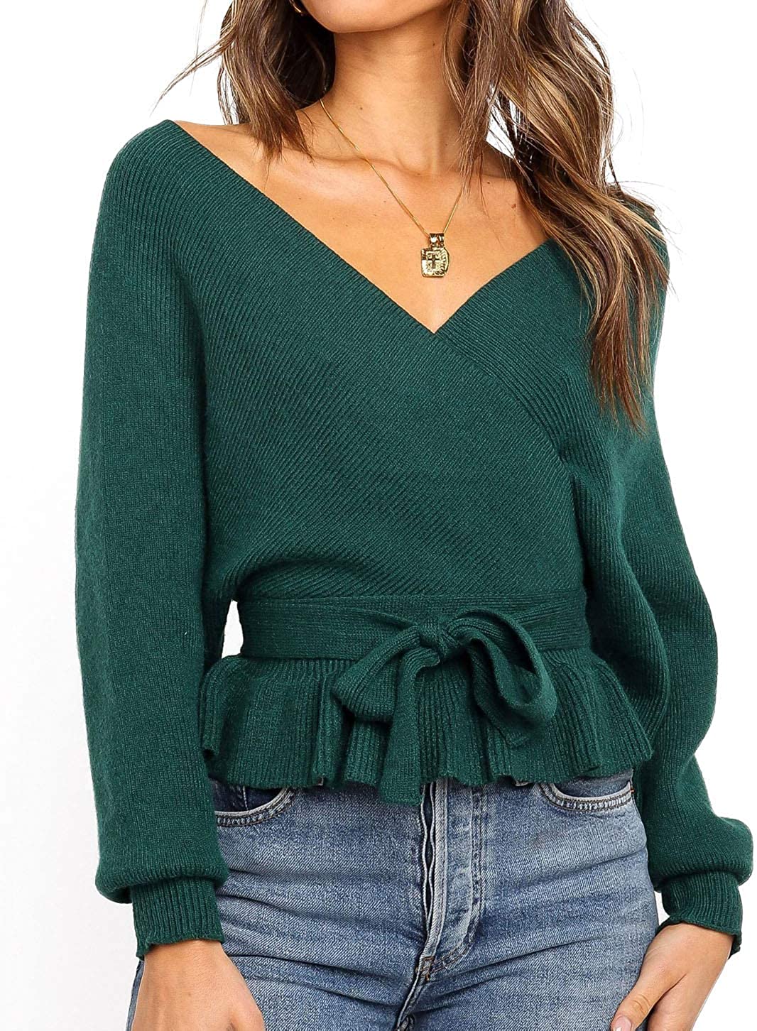 Luxuii Wrap Ruffle Belted Waist Knitted Sweater Pullover
