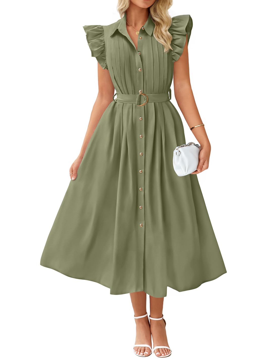 Luxuii Boho Button Casual V Neck Flutter Sleeve Belted Long Dresses