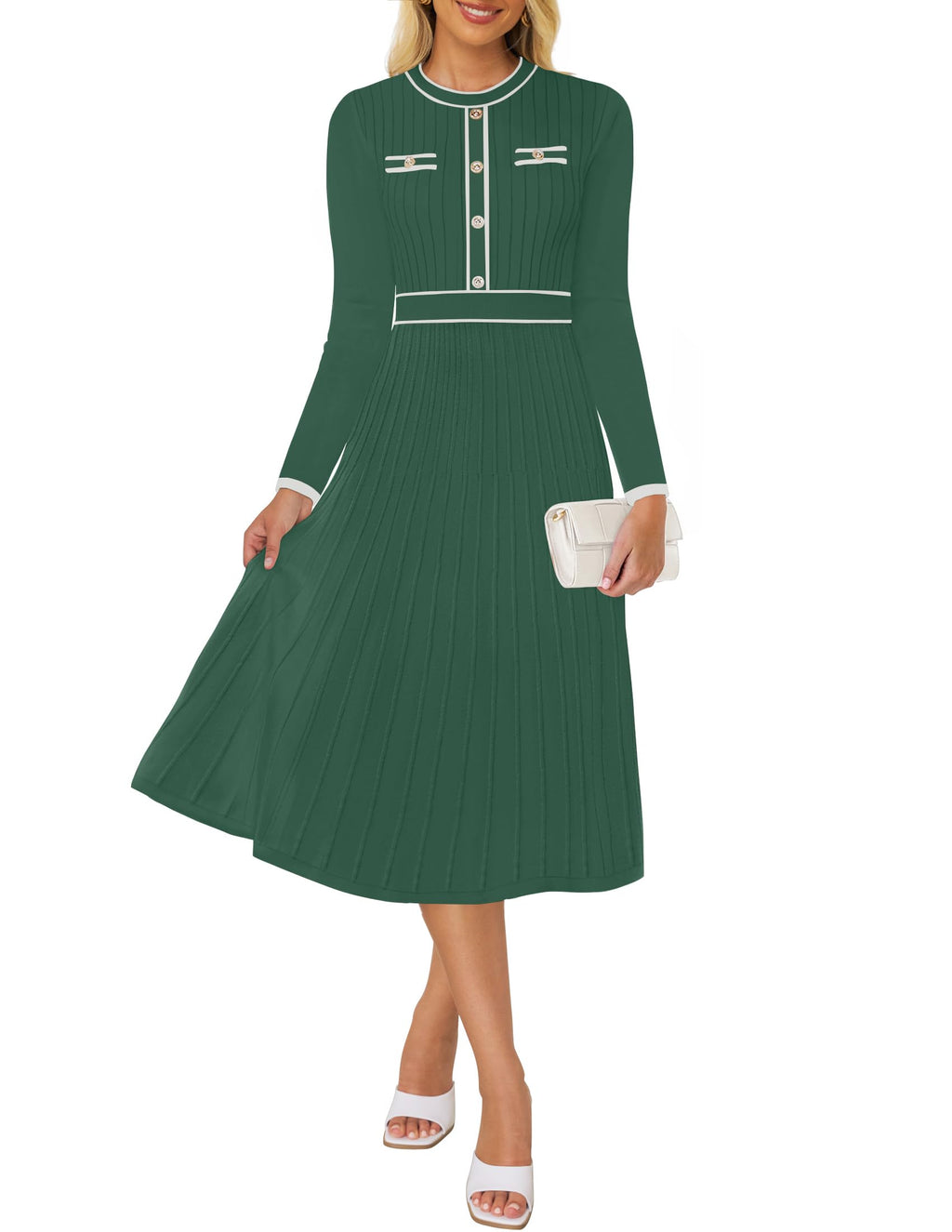 Luxuii Pleated Sweater Crewneck Ribbed Knitted Midi Dresses