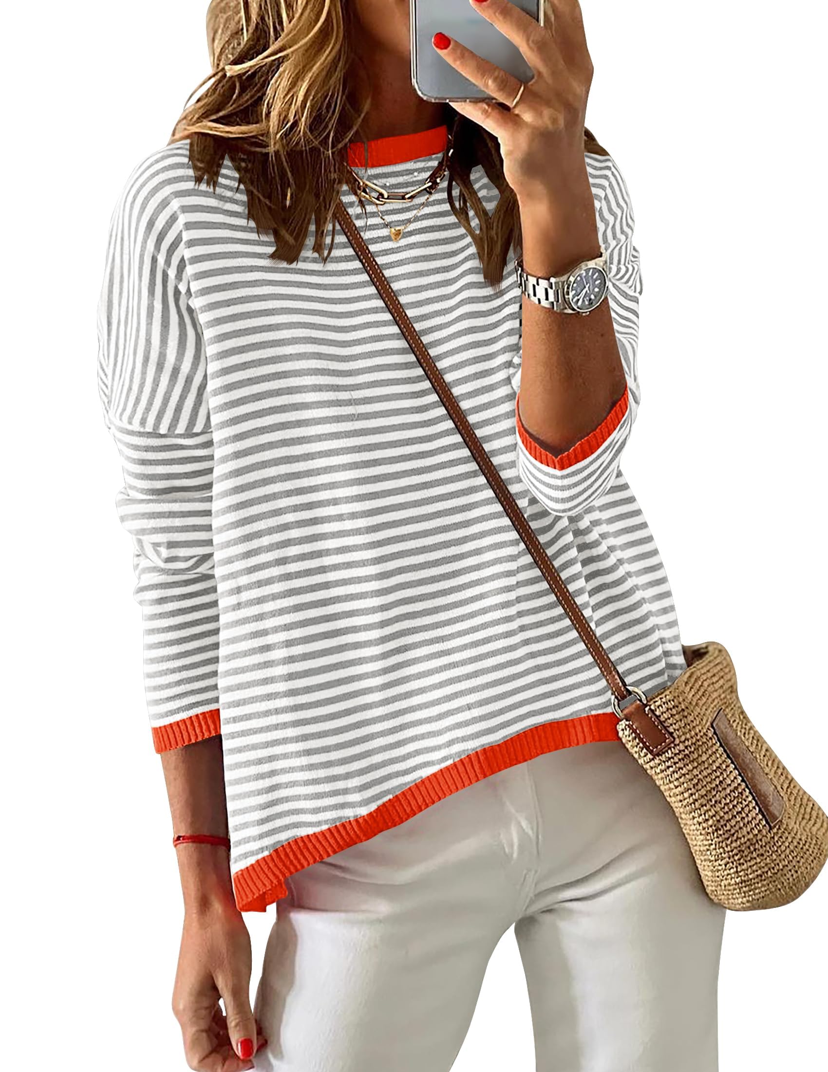 Luxuii Striped Crew Neck Color Block Pullover Tops