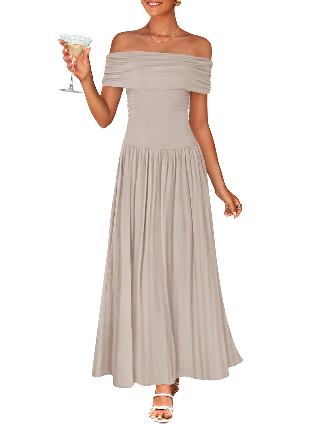 Luxuii Off The Shoulder Sleeveless Casual Slim Swing Pleated Dresses