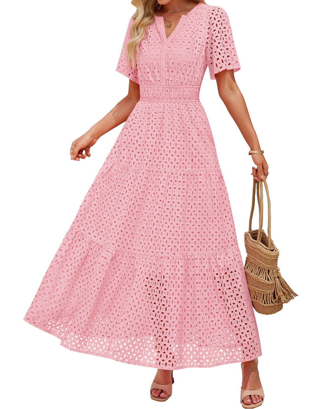 Luxuii V Neck Hollow Out Eyelet Ruffle Swing A Line Long Dresses