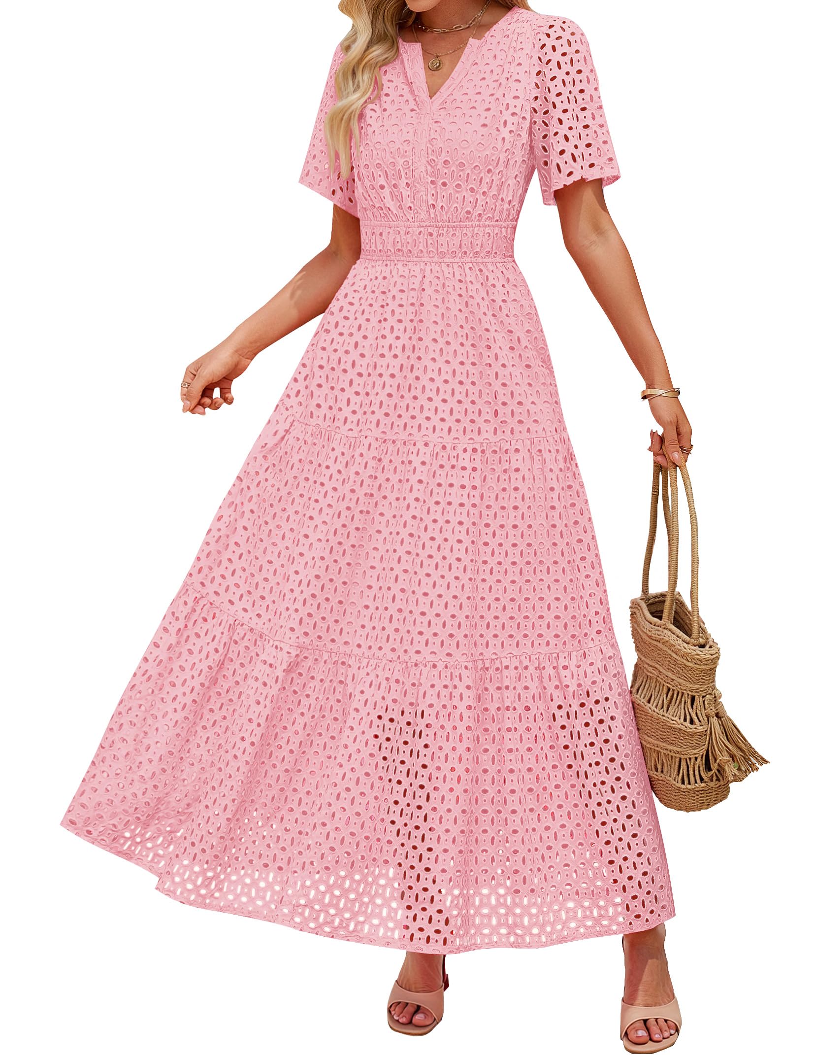 Luxuii V Neck Hollow Out Eyelet Ruffle Swing A Line Long Dresses
