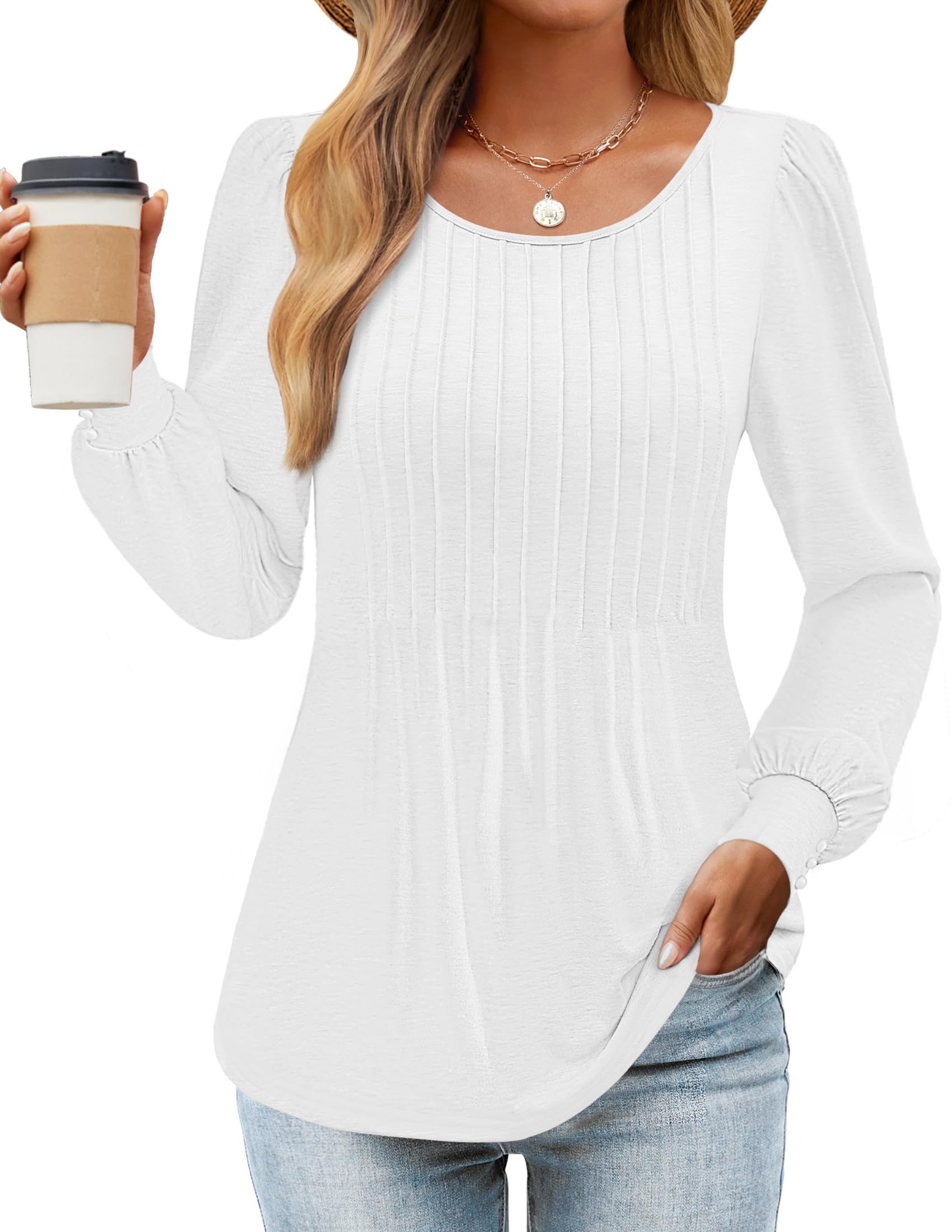 Luxuii Crew Neck Pleated Casual Tunic Blouses Top
