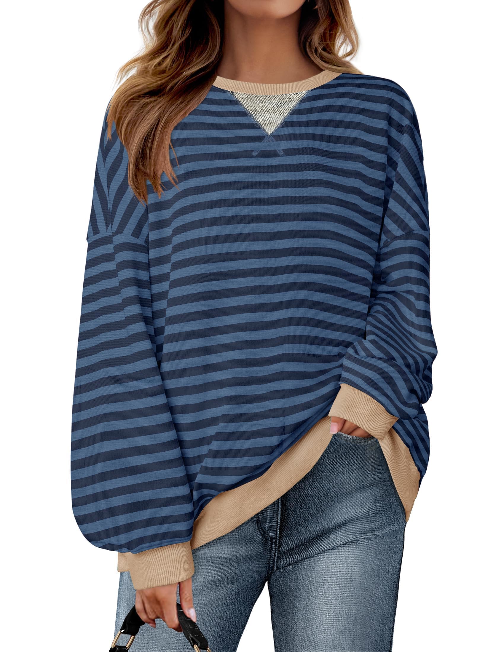 Luxuii Womens Casual Striped Pullover Long Sleeve Shirts Crewneck Sweatshirts