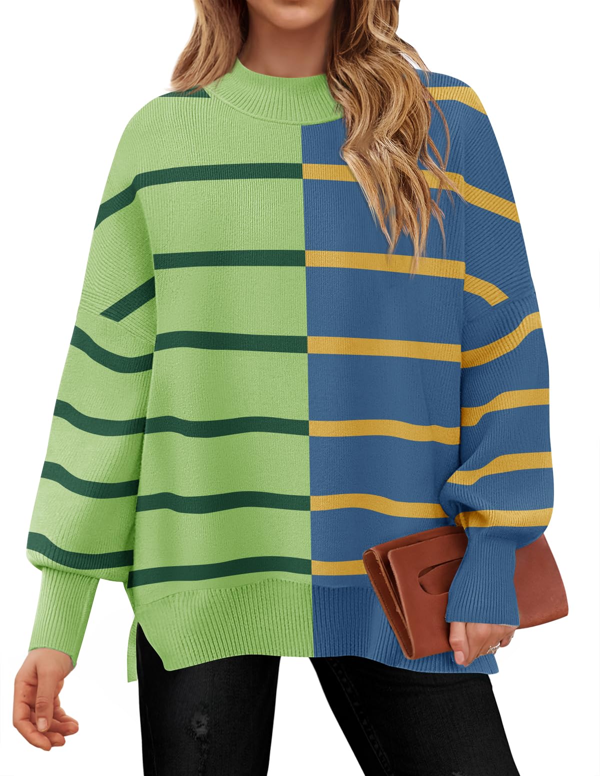 Luxuii  Striped Sweaters Mock Neck Comfy Knit Pullover Tops