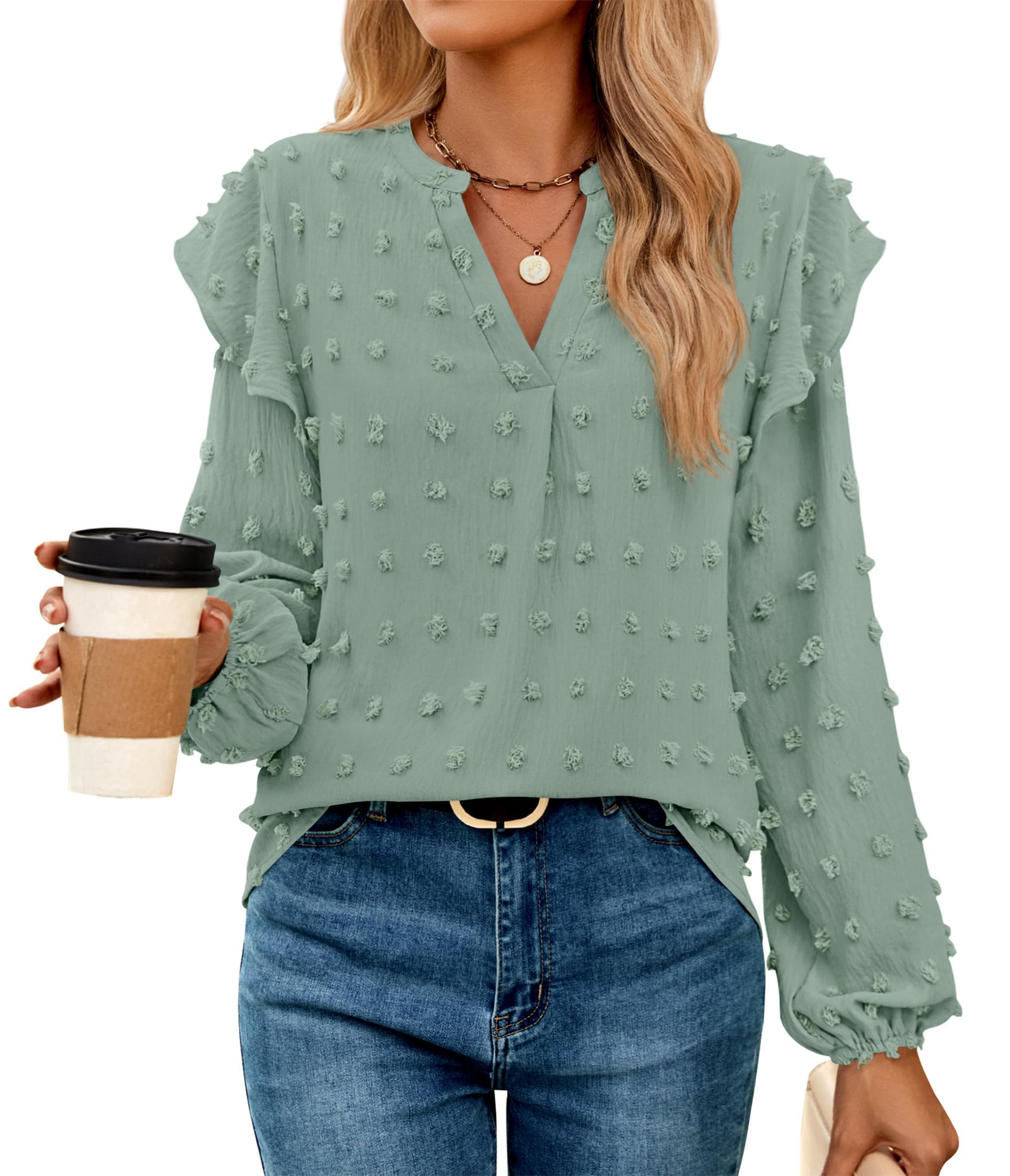 Luxuii  Chiffon Blouses V Neck Swiss Dot Casual Tunic Tops