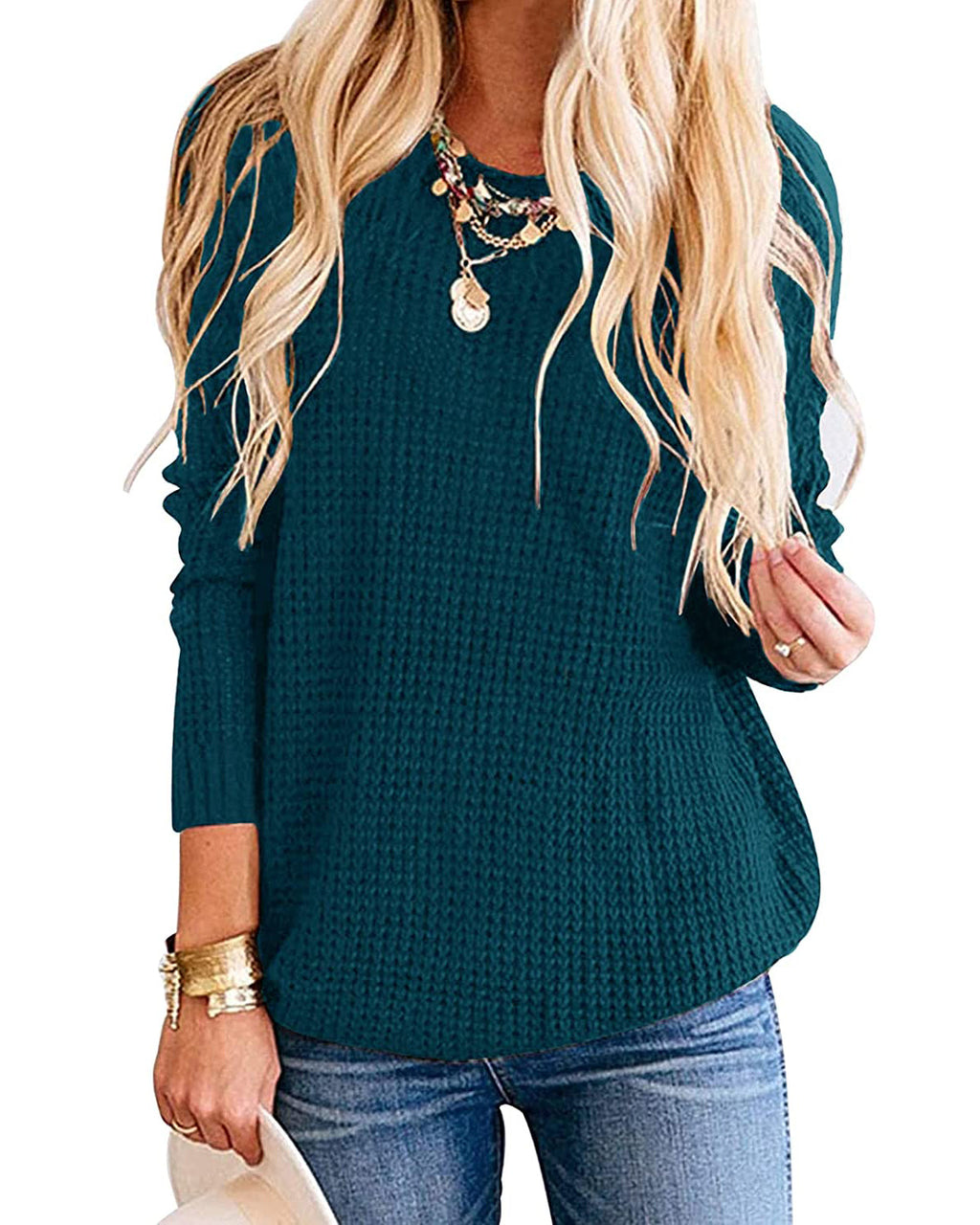 Luxuii Waffle Knit Loose Pullover Tops