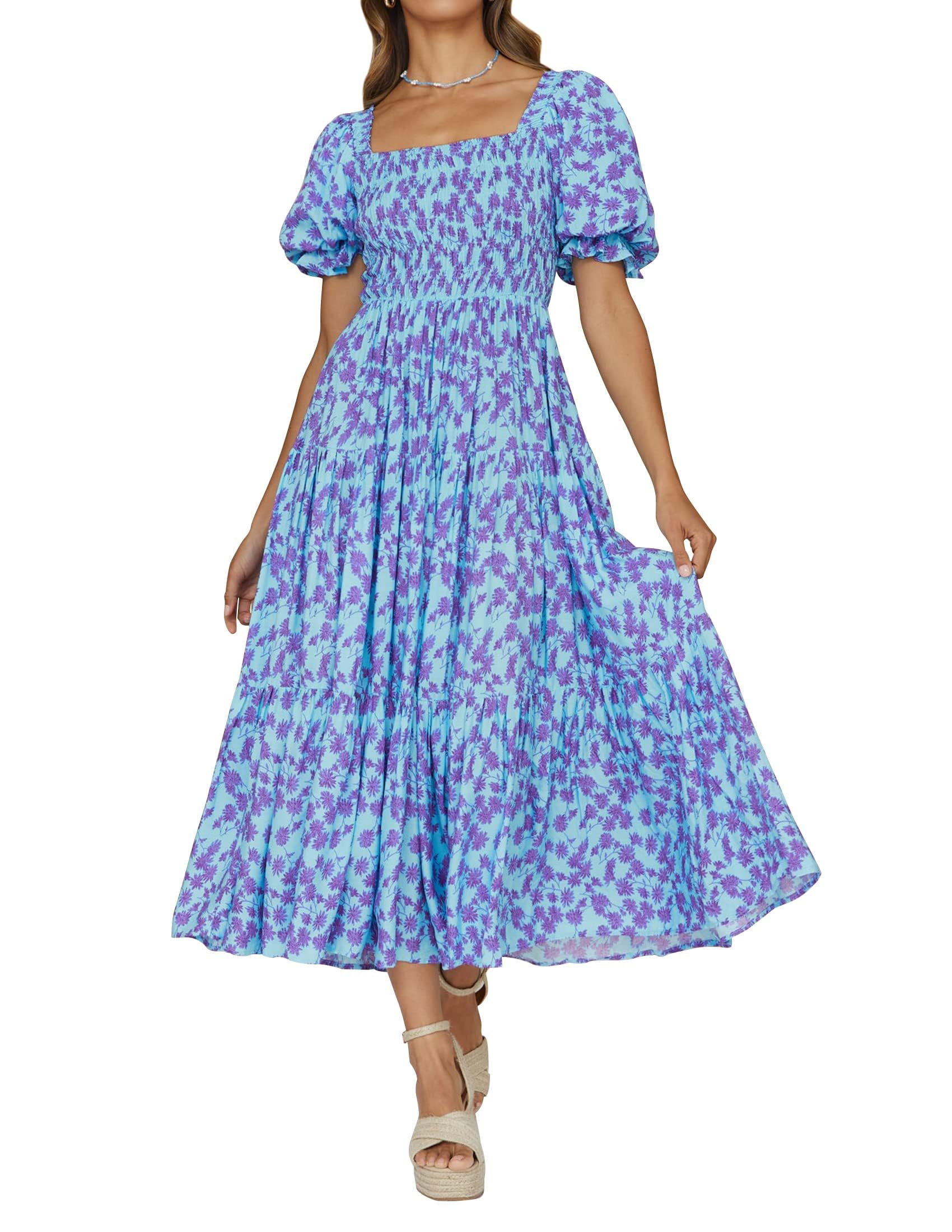 Luxuii Floral Print Square Neck Ruffle Swing Beach Dress