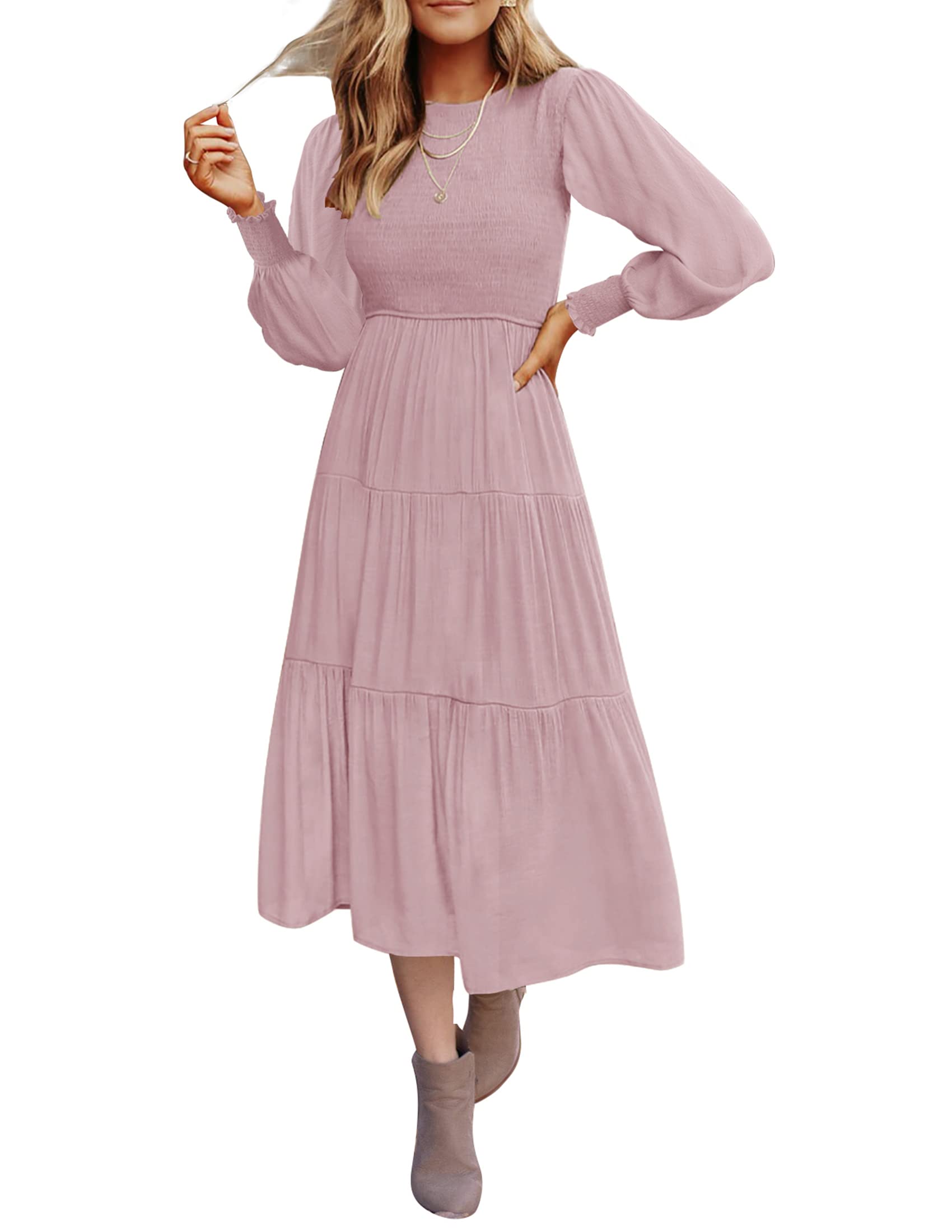 Luxuii High Waist Smocked Flowy Tiered Midi Dress