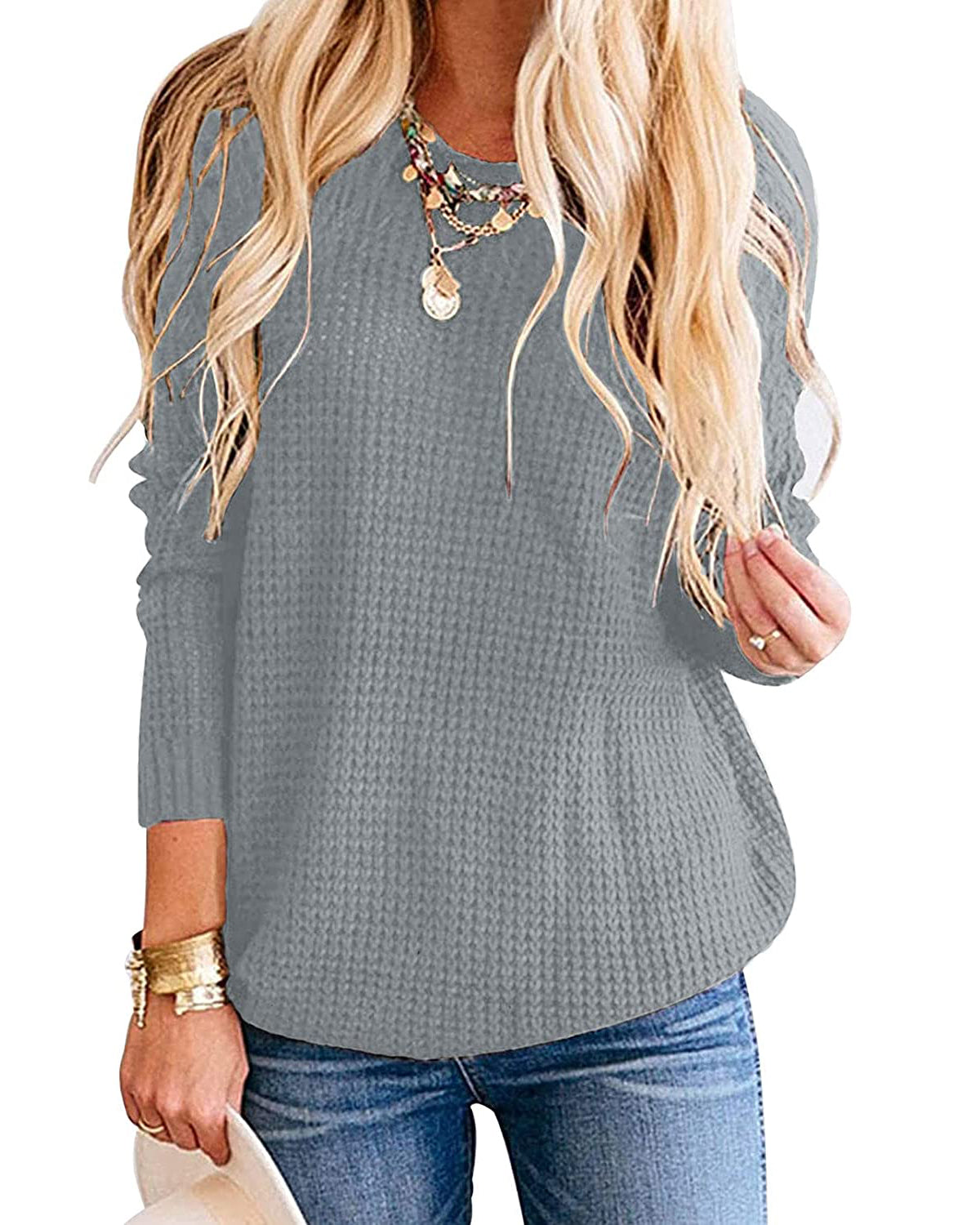 Luxuii Waffle Knit Loose Pullover Tops