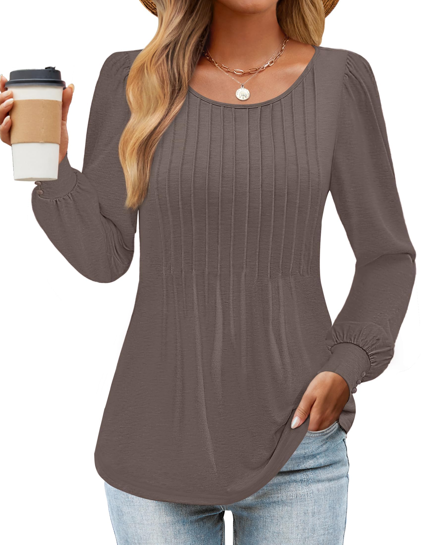 Luxuii Crew Neck Pleated Casual Tunic Blouses Top