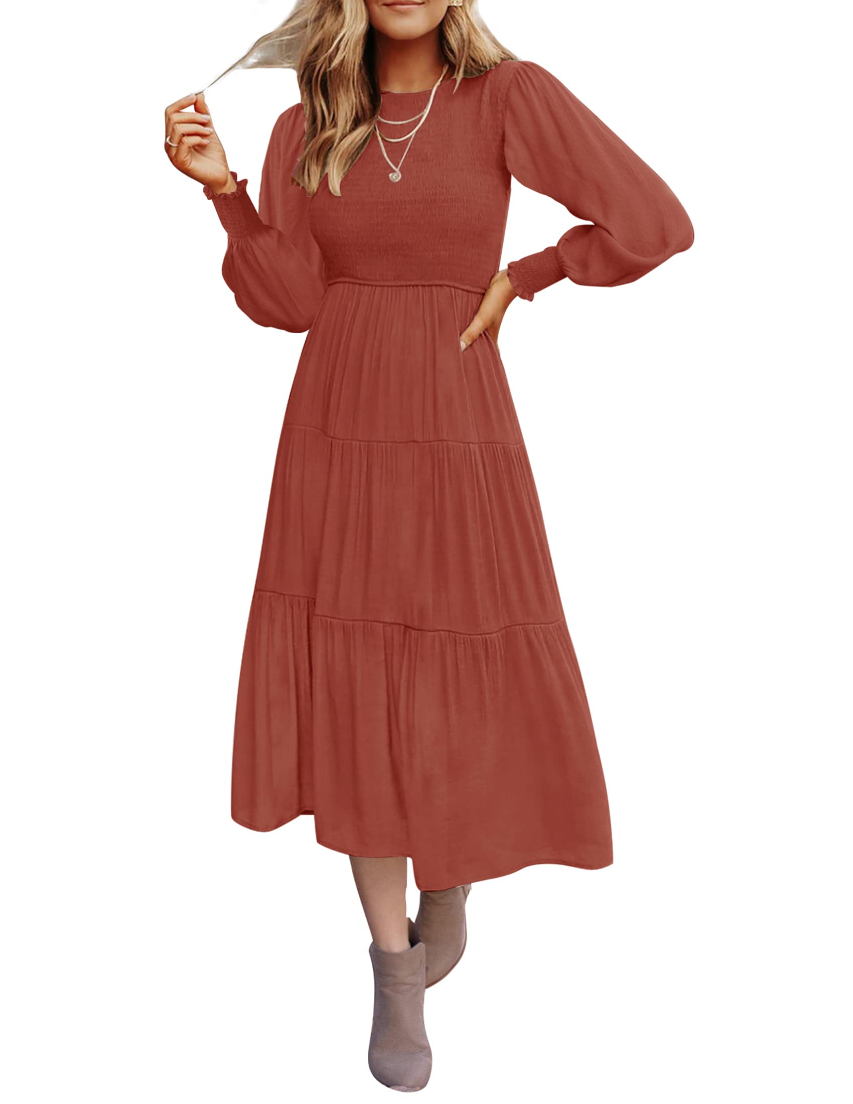 Luxuii High Waist Smocked Flowy Tiered Midi Dress