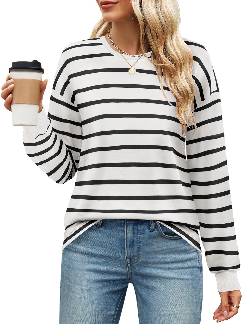 Luxuii Striped Shirts Fall Crewneck Casual Loose Fit Tunic Tops